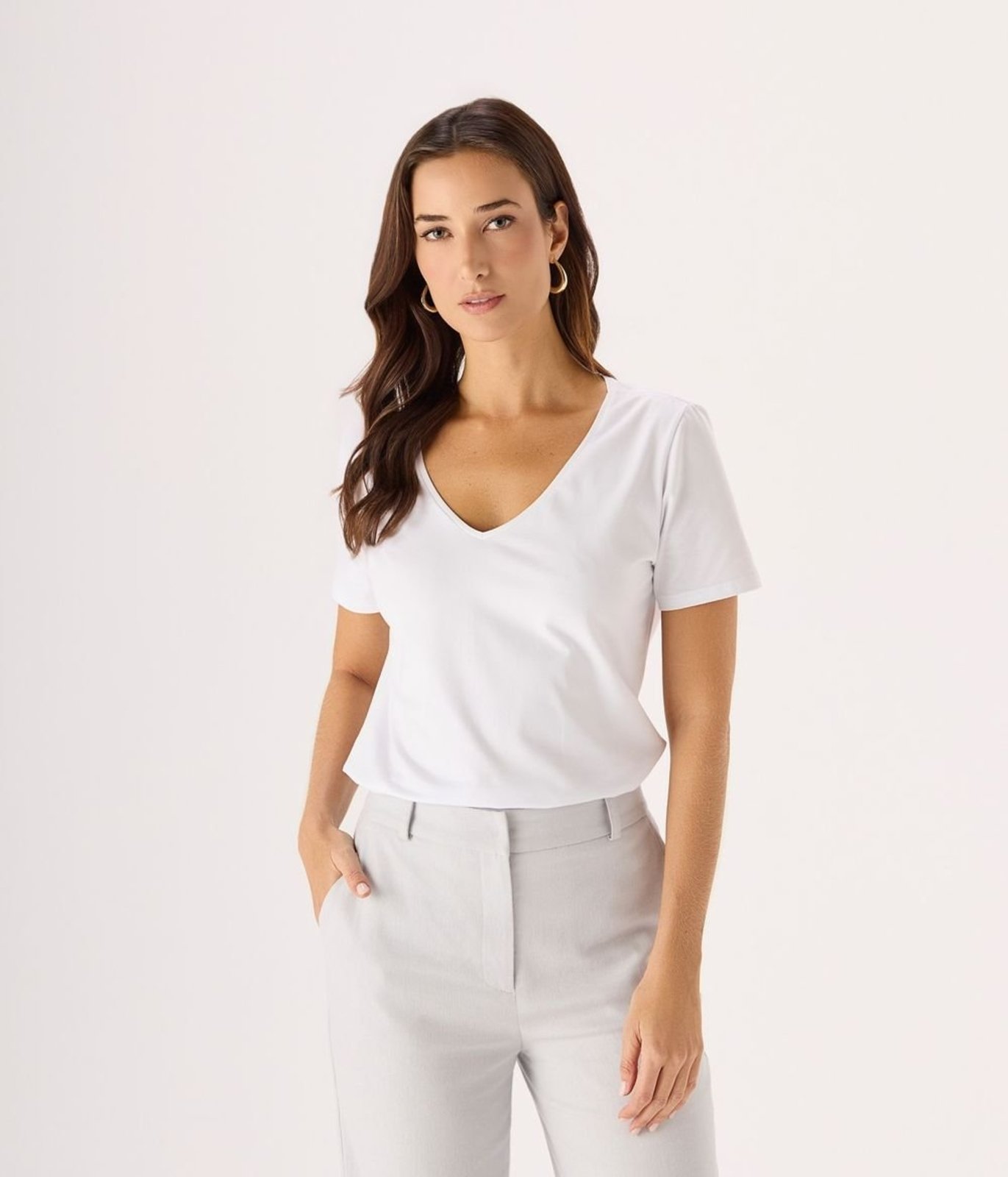 Blusa Básica Pima Decote V Feminina Branca