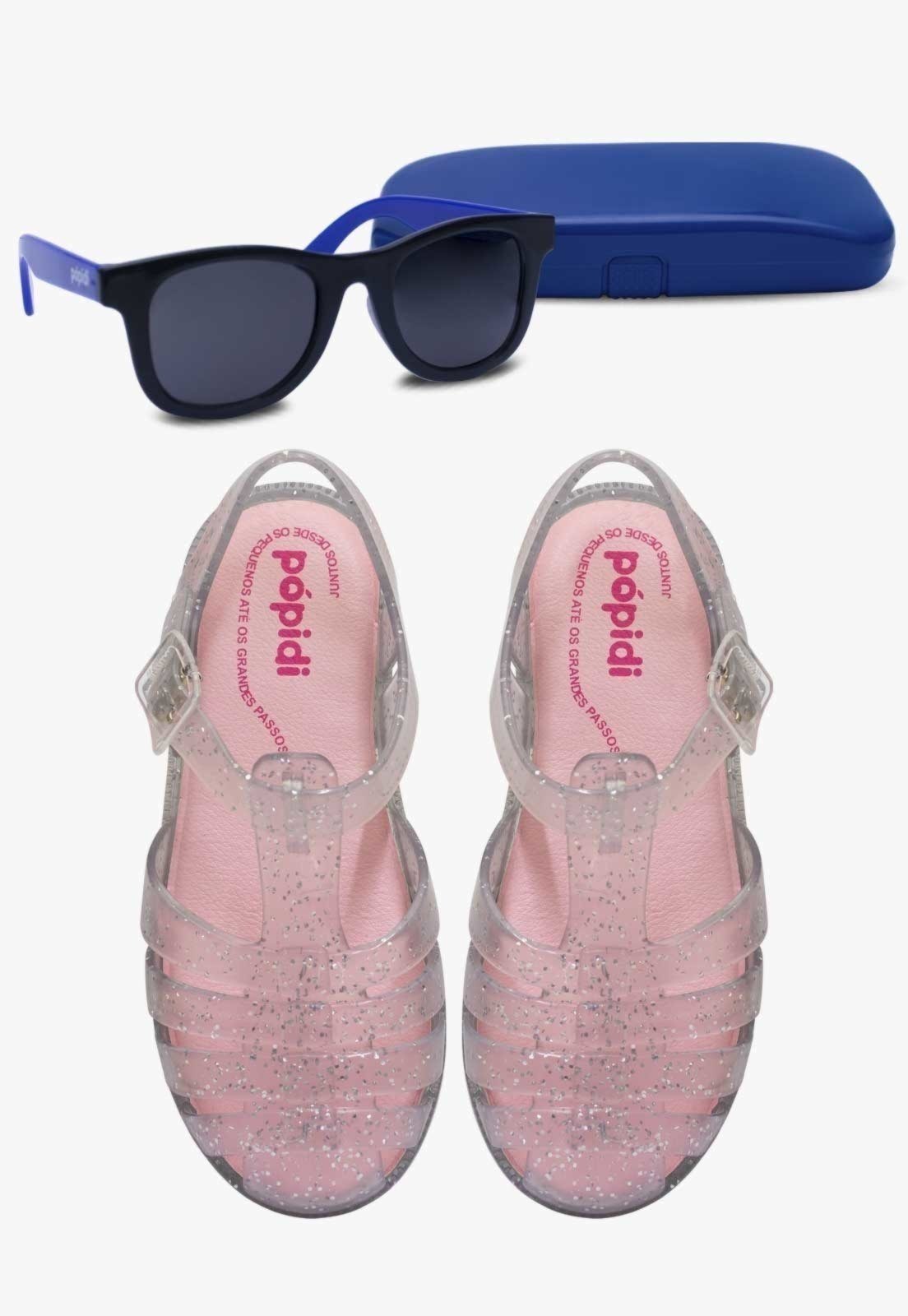Infantil – Kit Sandália Aranha Glitter Prata Com Óculos de Sol Azul Com Capinha