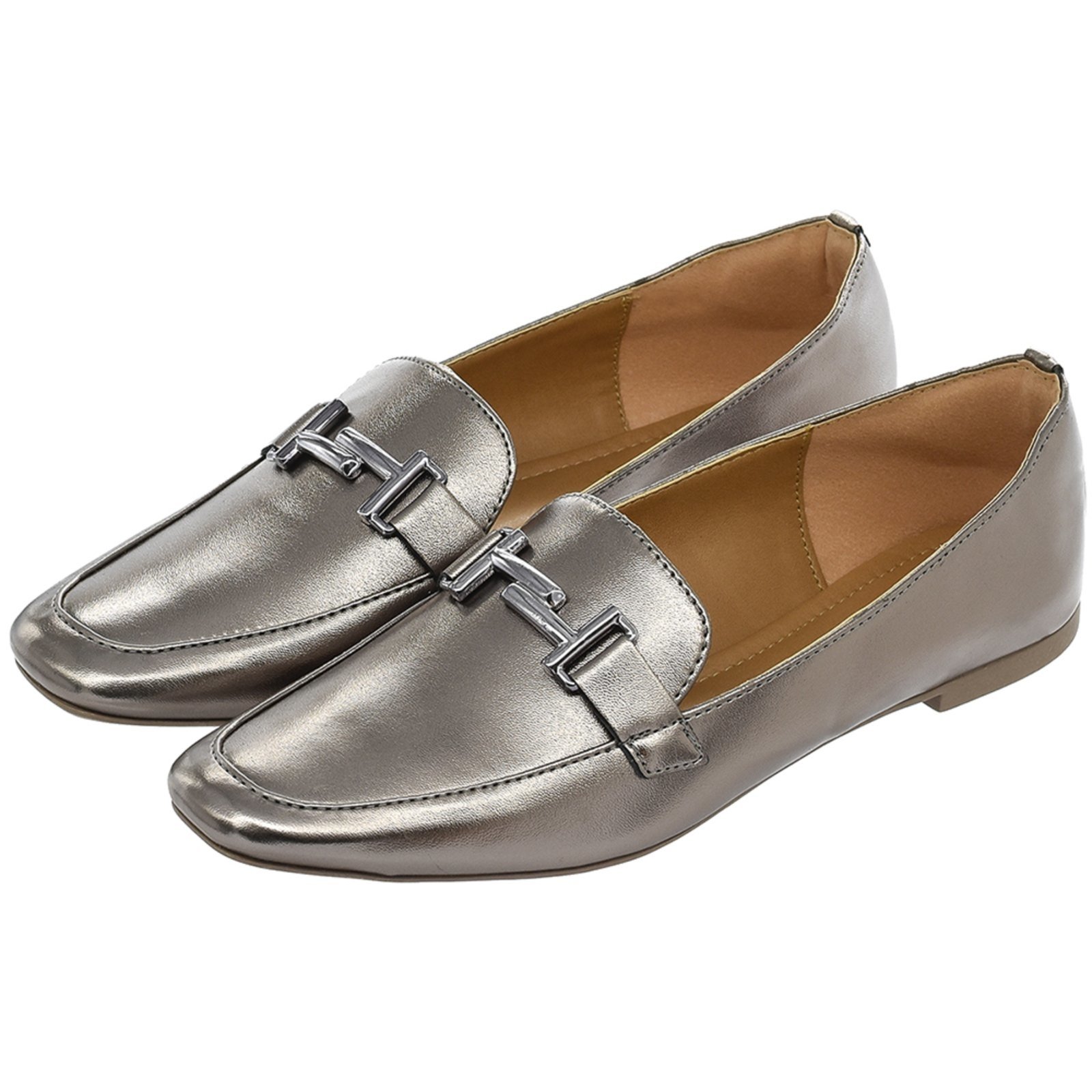 Sapato Feminino Mocassim CM Calçados Bico Quadrado Confort Prata Velho