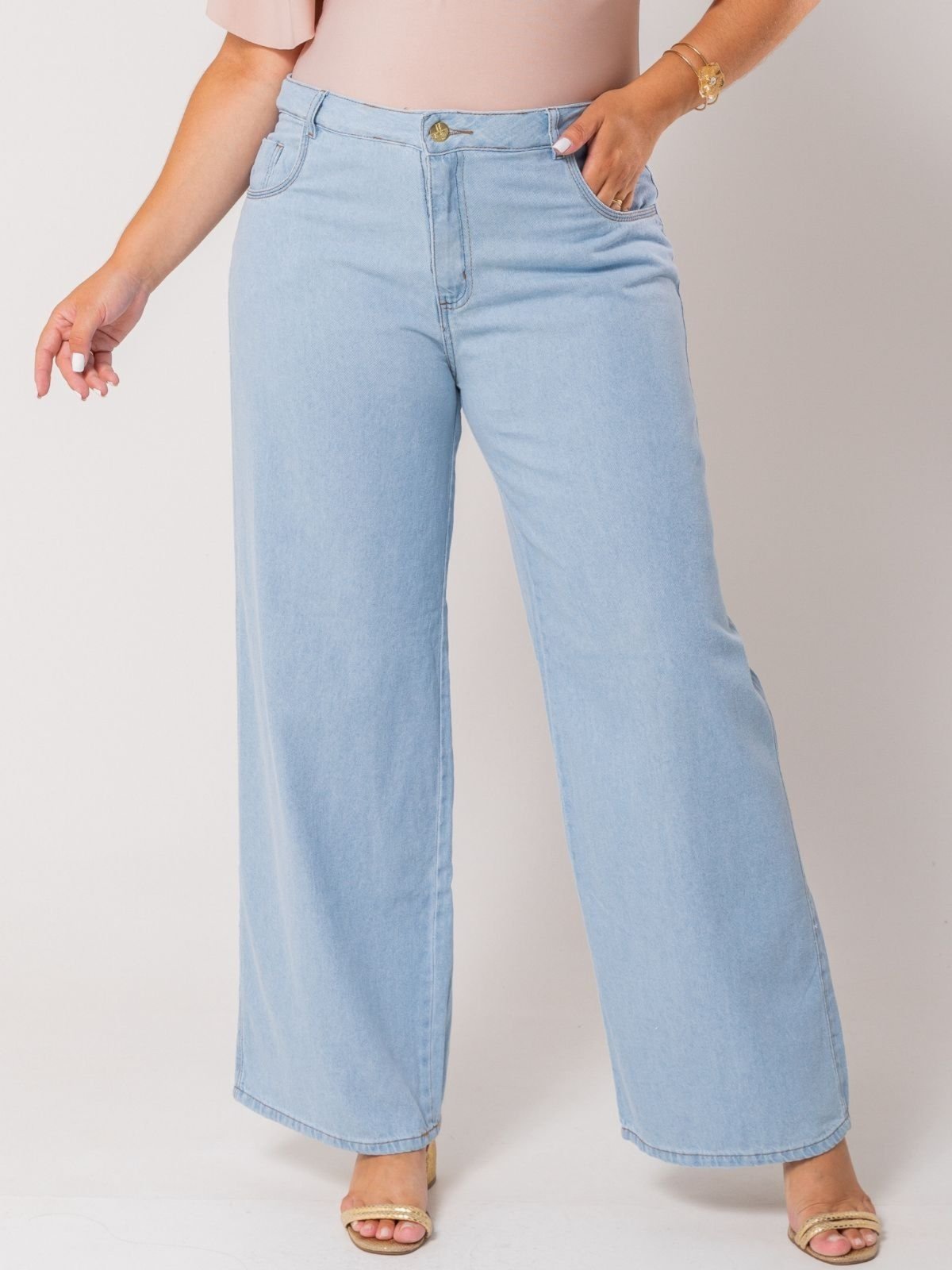 Calça Donna De Paula Wide Leg Jeans Claro Cintura Alta Pantalona
