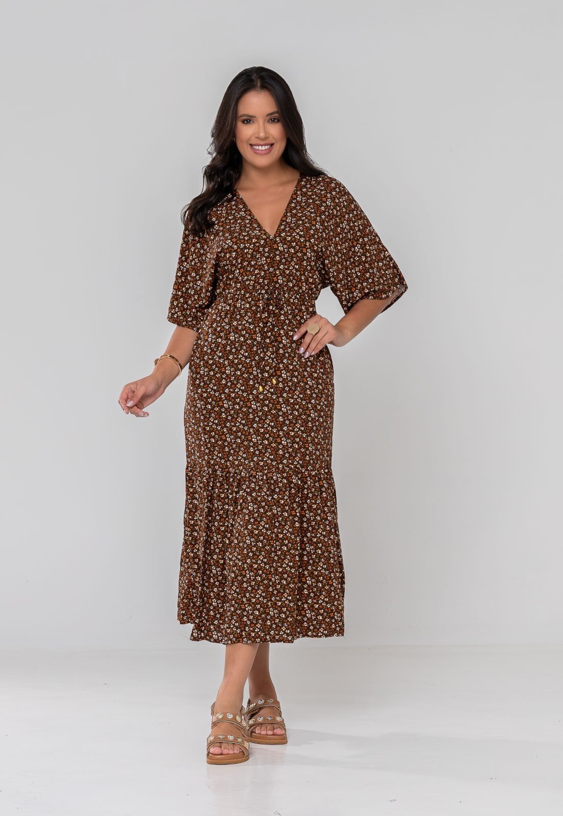Vestido Aura Romana Floral Sintonia Marrom