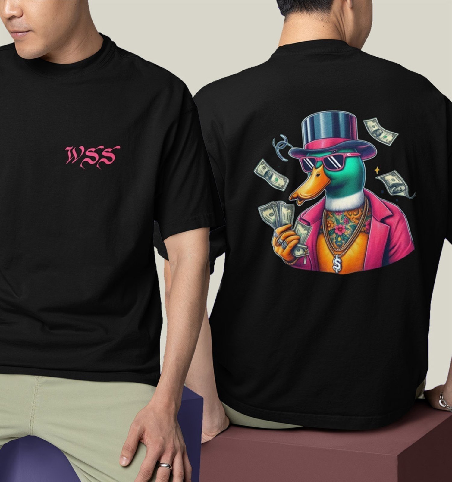 Camiseta Oversized Masculina Preta Algodão Prime WSS Dollar Duck Preto