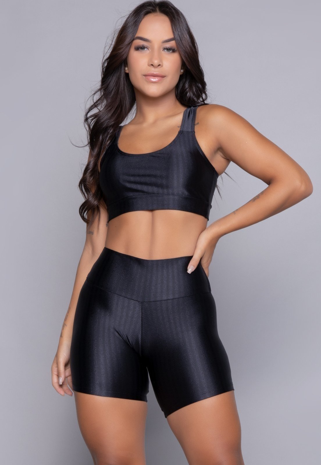 Conjunto Fitness Serra e Mar Modas Top Bojo Removível e Short New Zig 3D Preto