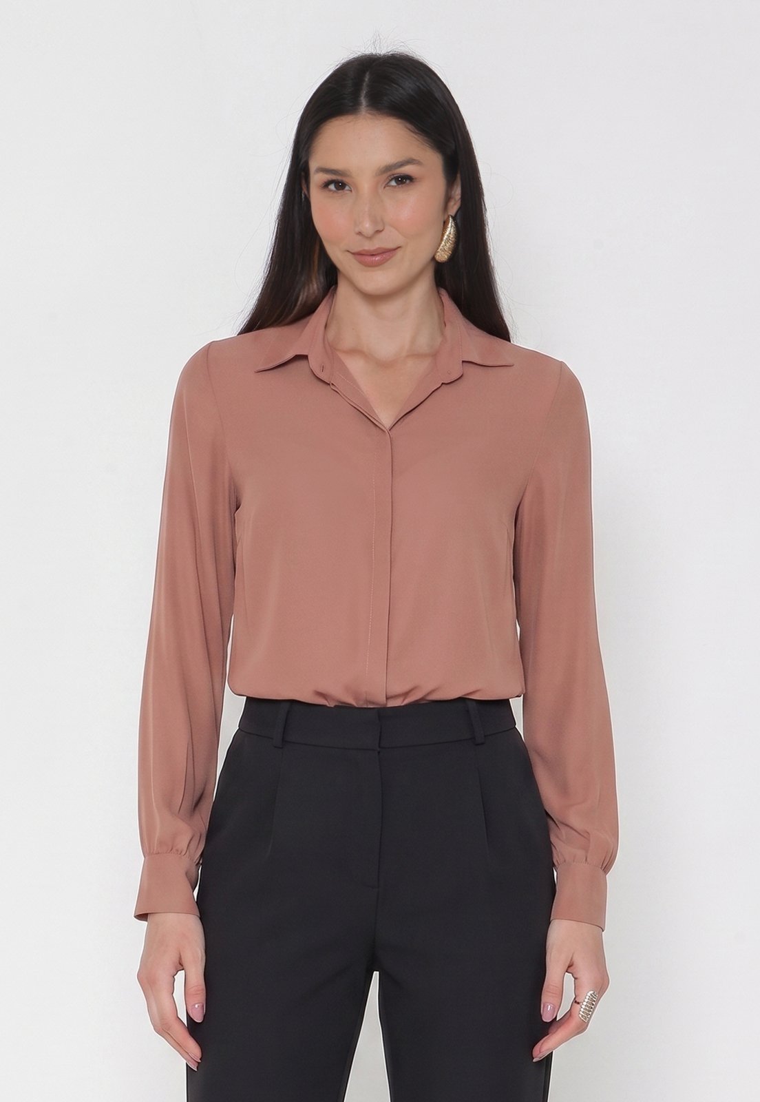 Camisa Intens Manga Longa Crepe Marrom