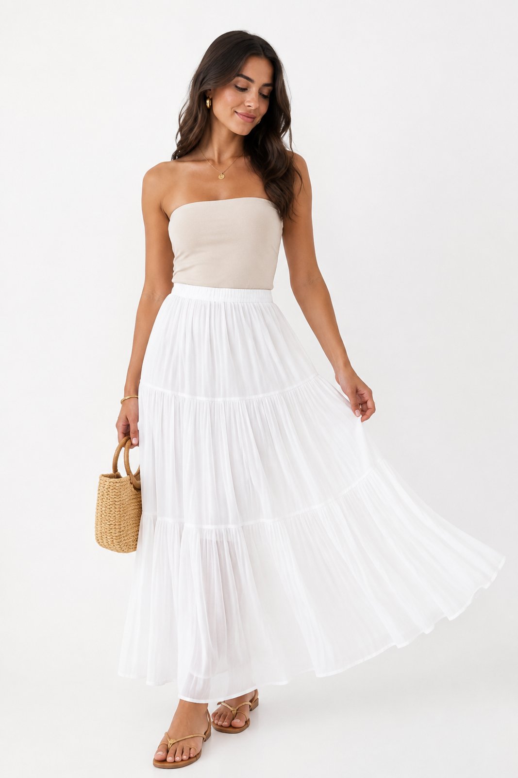 Saia Longa D Bell Outlet Fashion Plissada Chiffon Branco