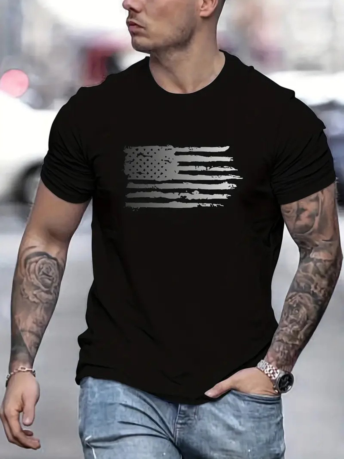 Camiseta Estampada EUA Metal Safira Moda Algodão Preta