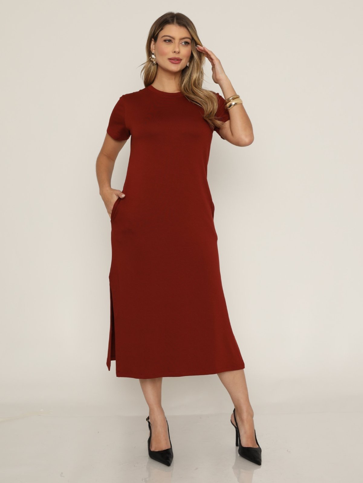 Vestido Midi Color Dellamarca Manga Curta Fenda e Bolso - Terracota Escuro