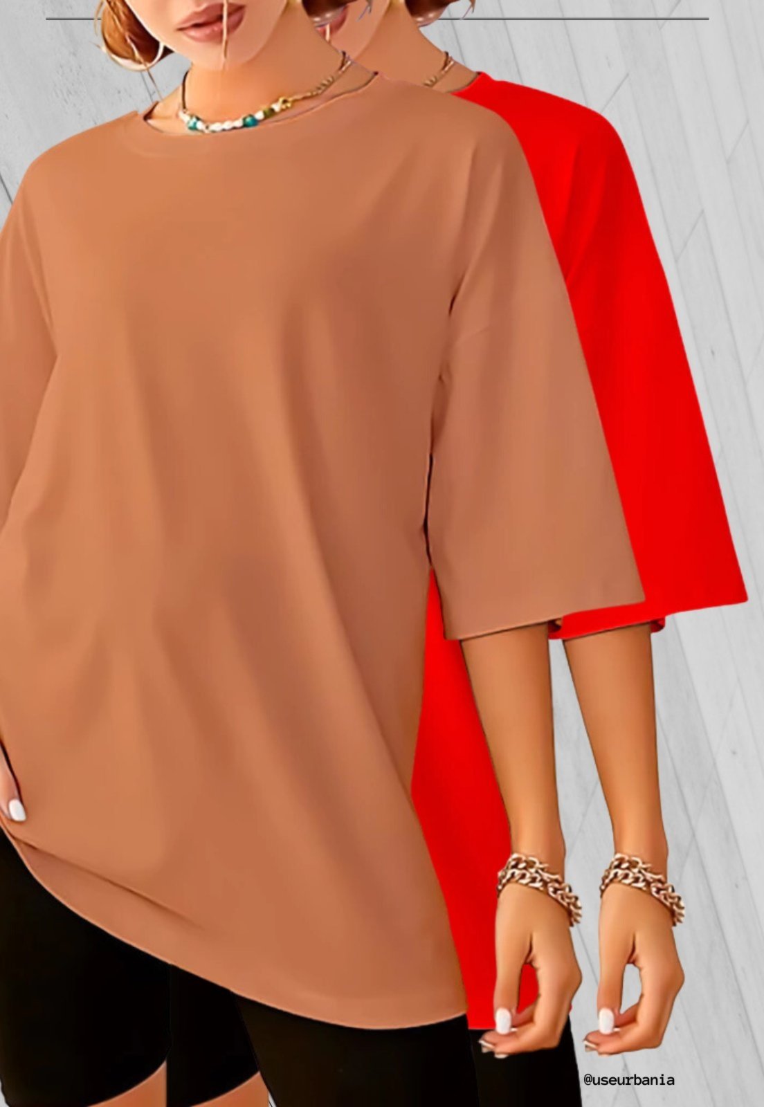 Kit 2 Camisetas Grande Blusa Academia Fitness Feminina Oversized Camisa streetwear Over Lisa Bege e Vermelho