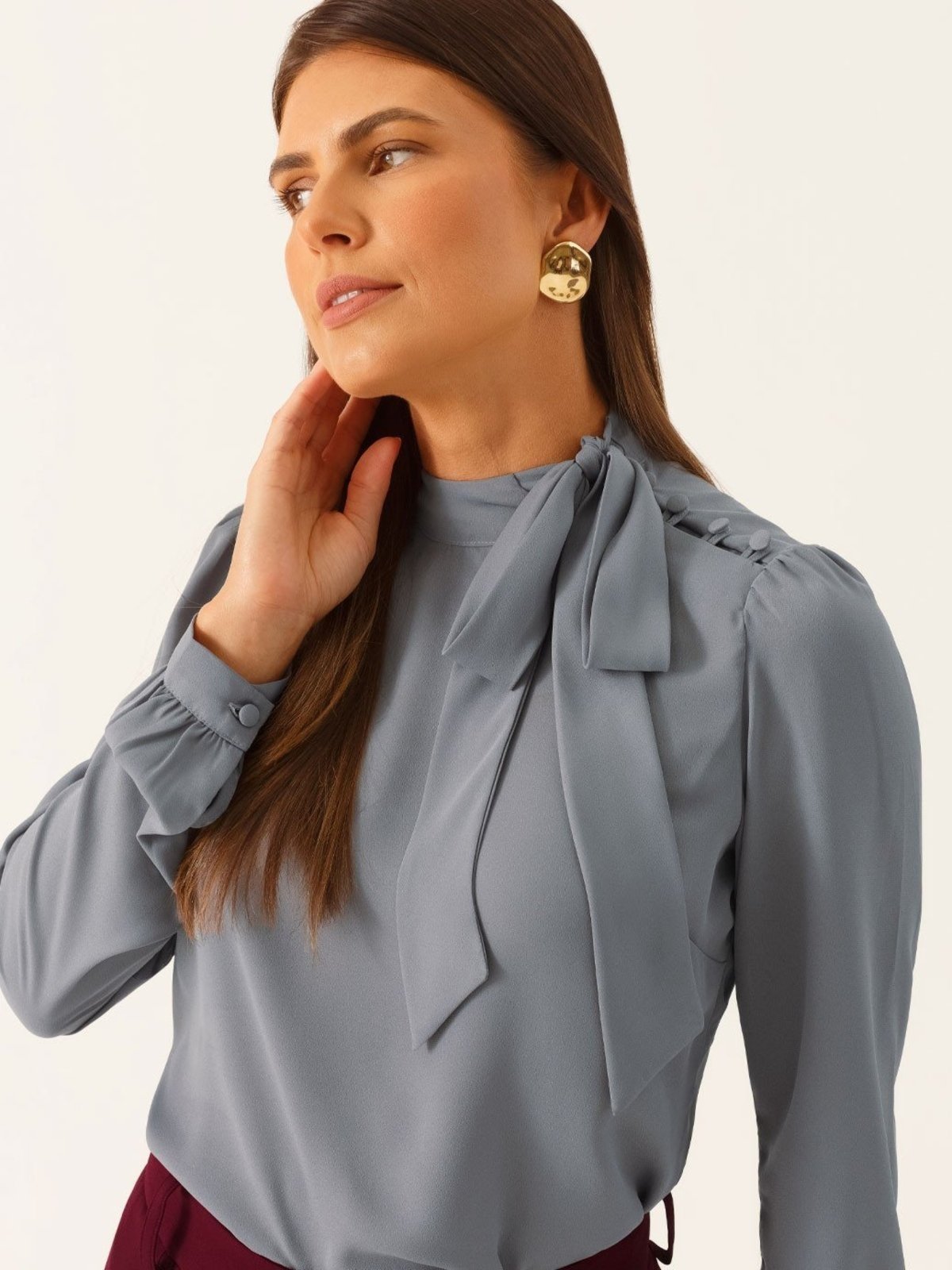 Blusa Manga Longa Gola Laço Cinza Tamires