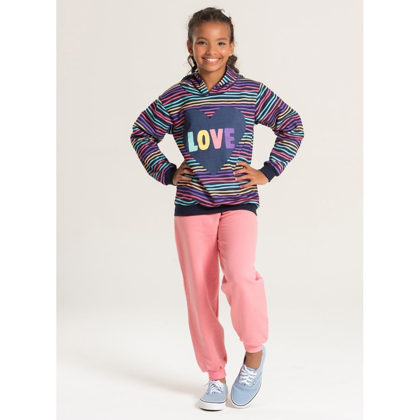 Infantil – Conjunto Inverno Menina Marinho Blusão com Capuz e Calça em Moletom Love
