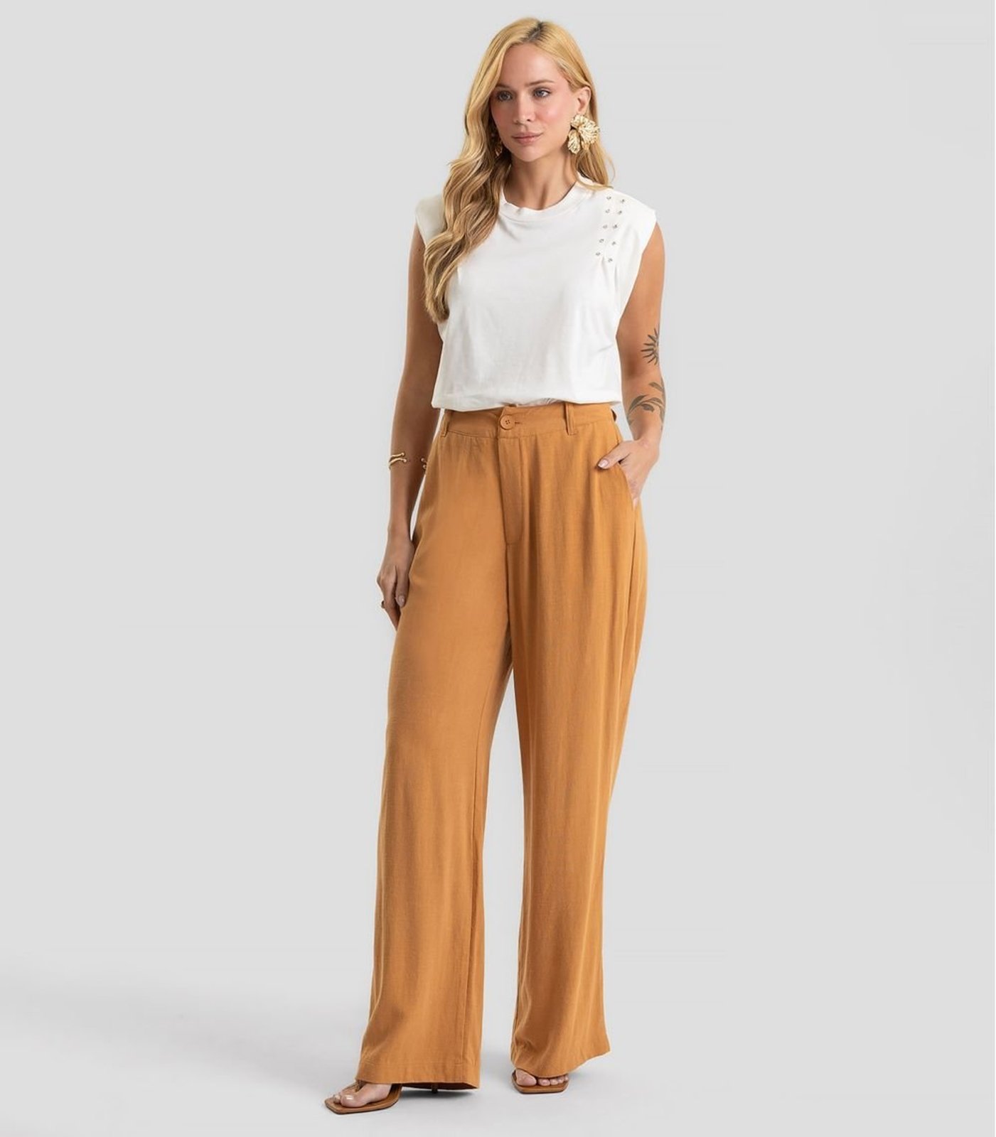 Calça Wide Leg Tecido Linho Strong Dianna Marrom