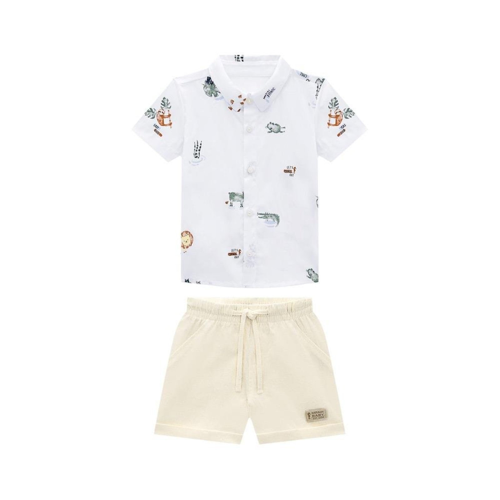 Infantil - Conjunto Camisa Manga Curta Estampada Bermuda Onda Marinha Branco Bege 1 Branco