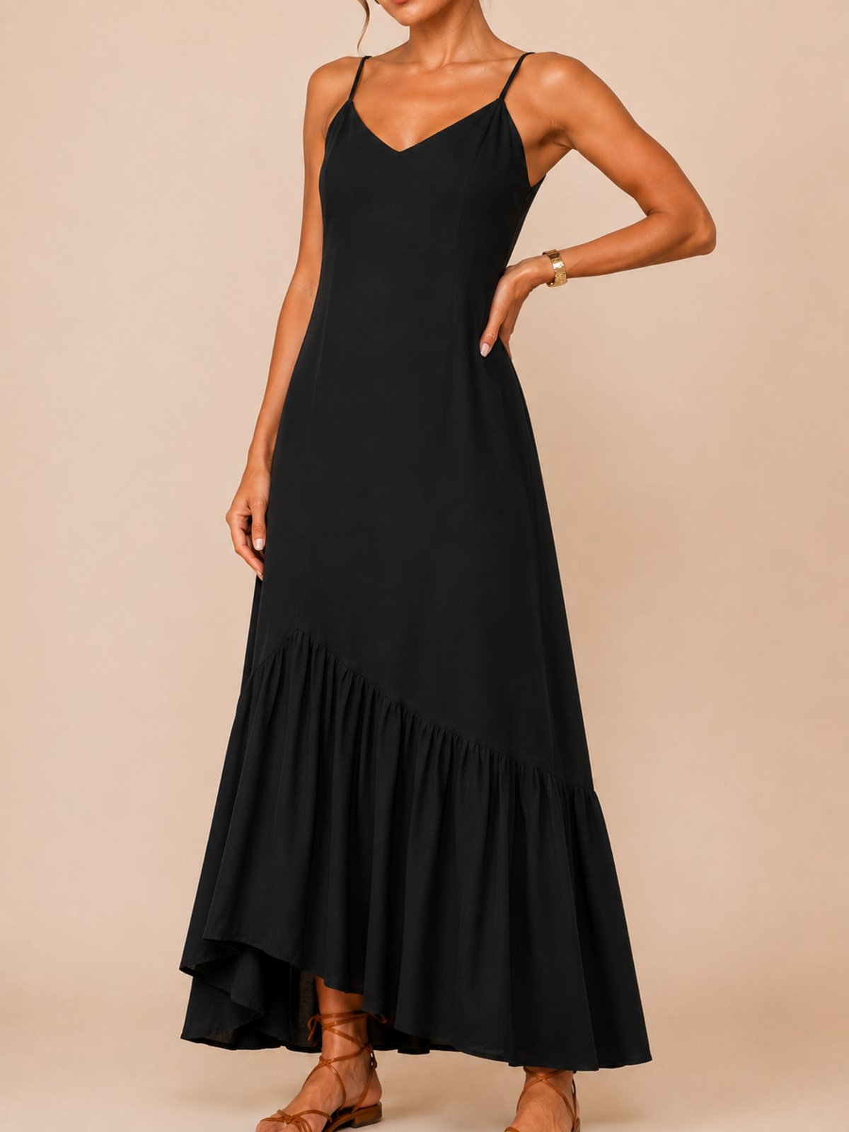 Vestido Longo Lapetry Decote V Alça Regulável Saia Maria Preto