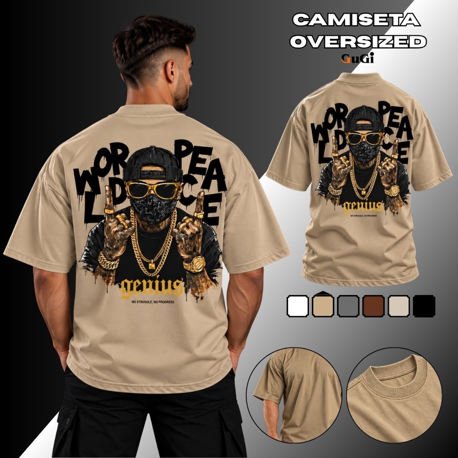 Camiseta Masculina Oversized Rapper Gangster 100% Algodão 30.1 Caqui