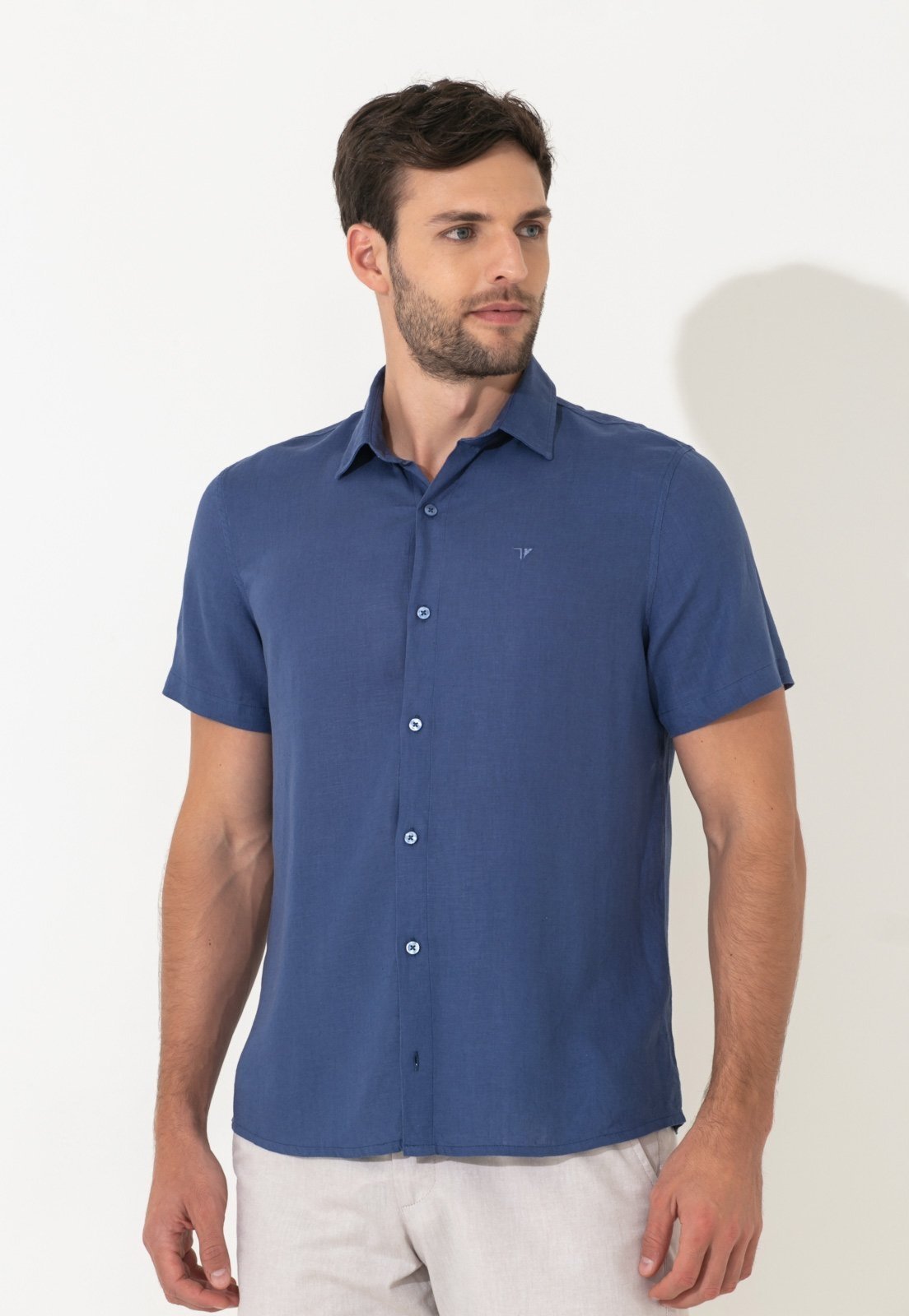 Camisa Linho Traymon Slim Manga Curta Azul Indigo