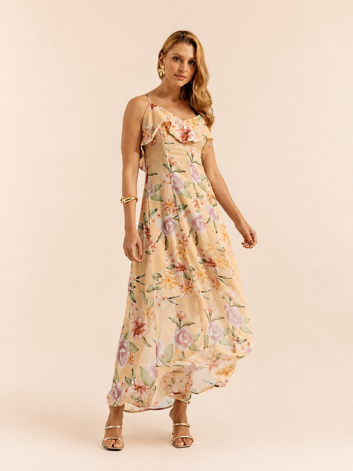 Vestido Longo Floral Feminino Alças Finas Costas Cruzadas Elegante Premium