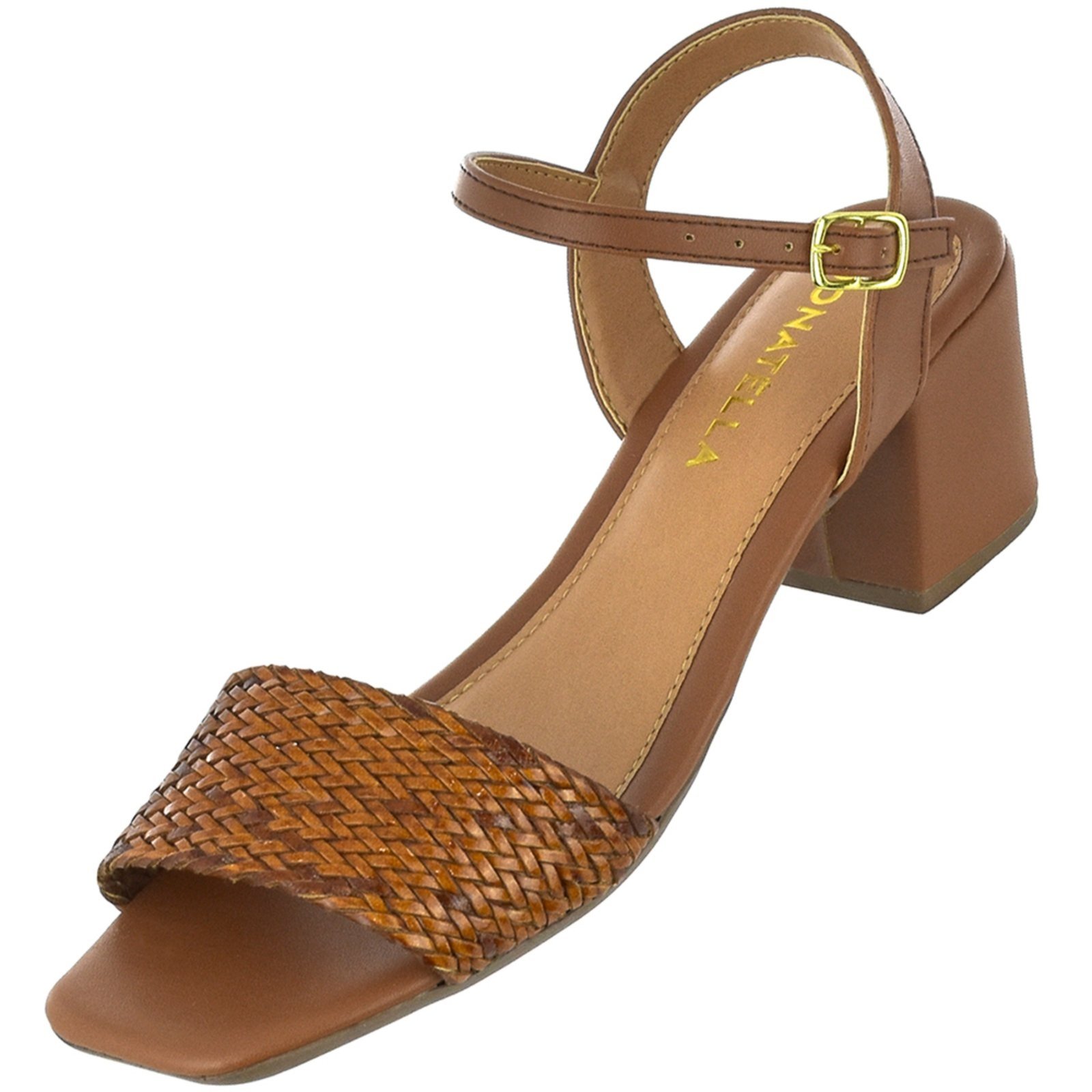Vista 3 Sandália Feminina Tamanco Salto Alto Bloco Donatella Shoes tira trançado Monte Shoes caramelo Monte Shoes caramelo