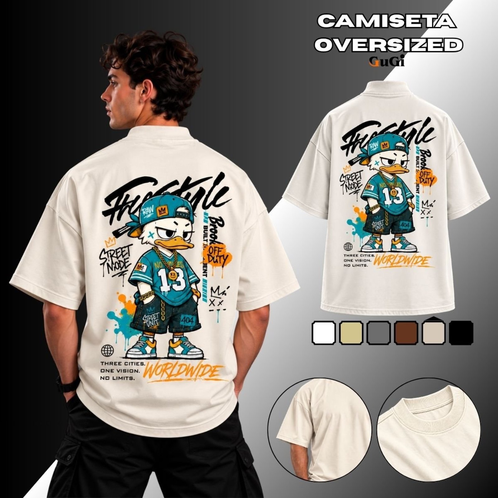 Camiseta Masculina Oversized Pato Cartoon Street 100% Algodão 30.1 Off White