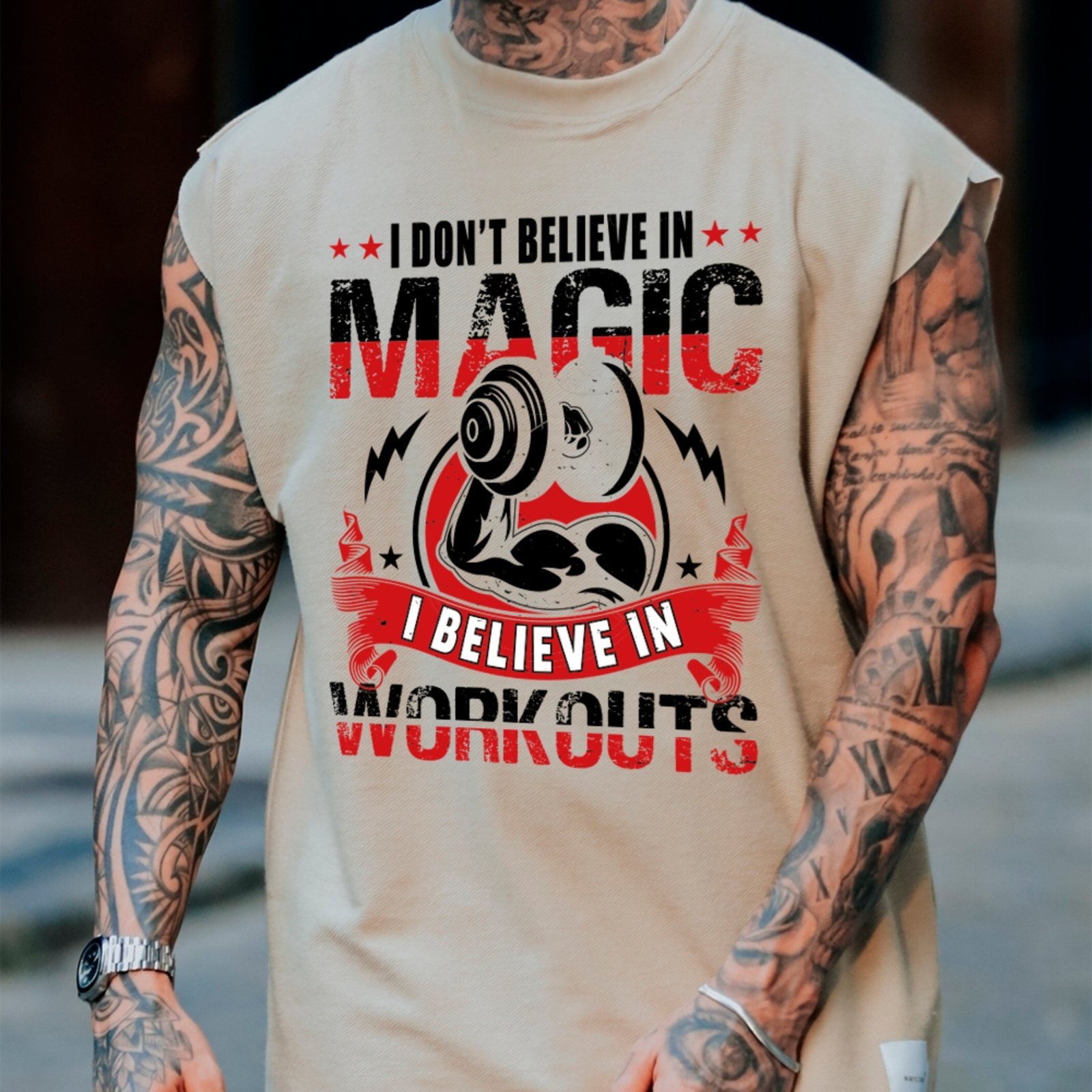 Camiseta Regata Machão Ousy I Believe In Workouts Oversized Masculina Off White