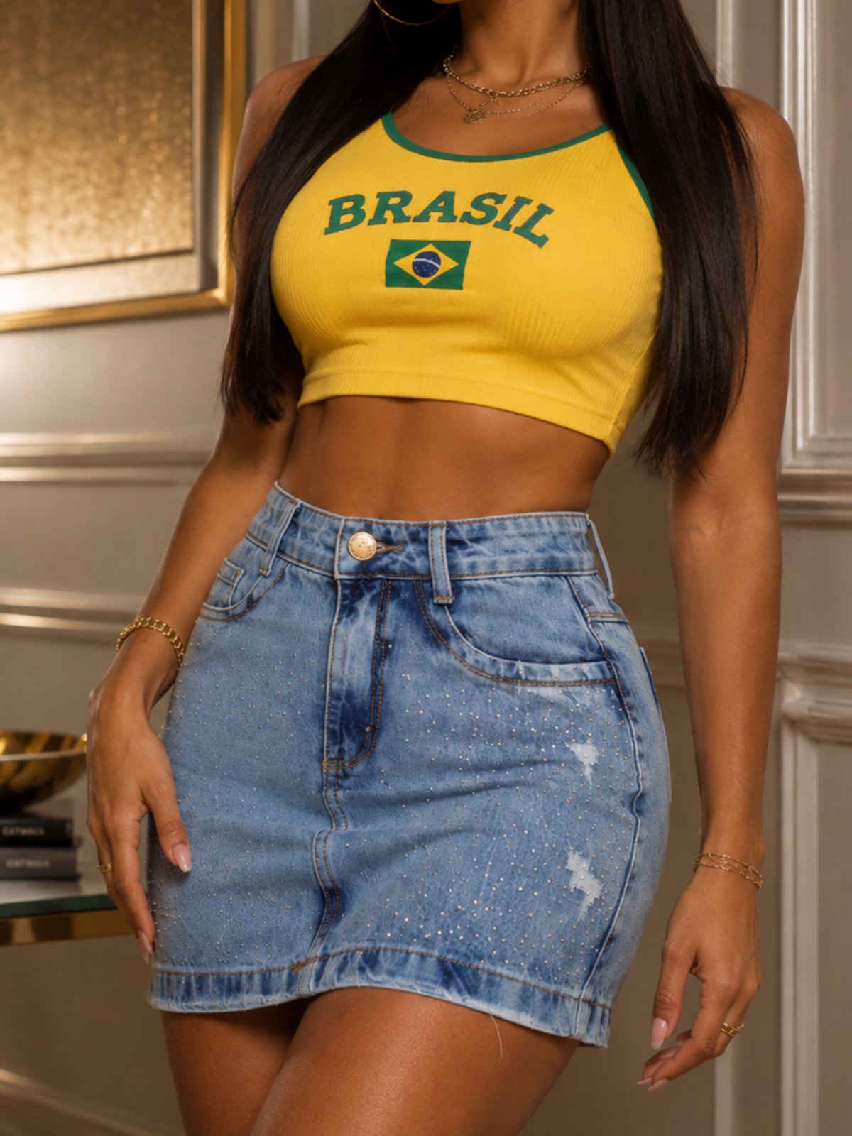 Saia Jeans Feminina Curta Cintura Alta com Strass Brilho Destroyed Purple Jeans Moda Blogueira