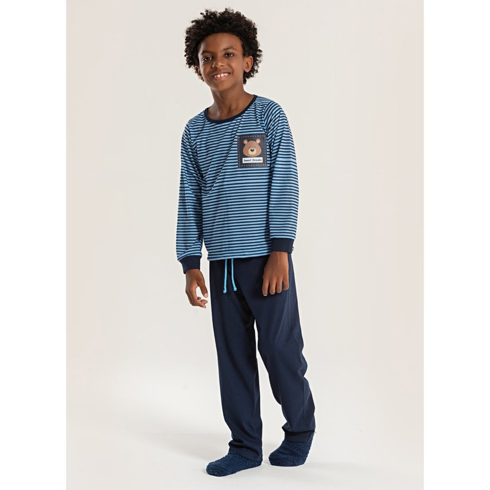 Pijama Longo Menino Azul Blusa e Calça Ursinho Listrado