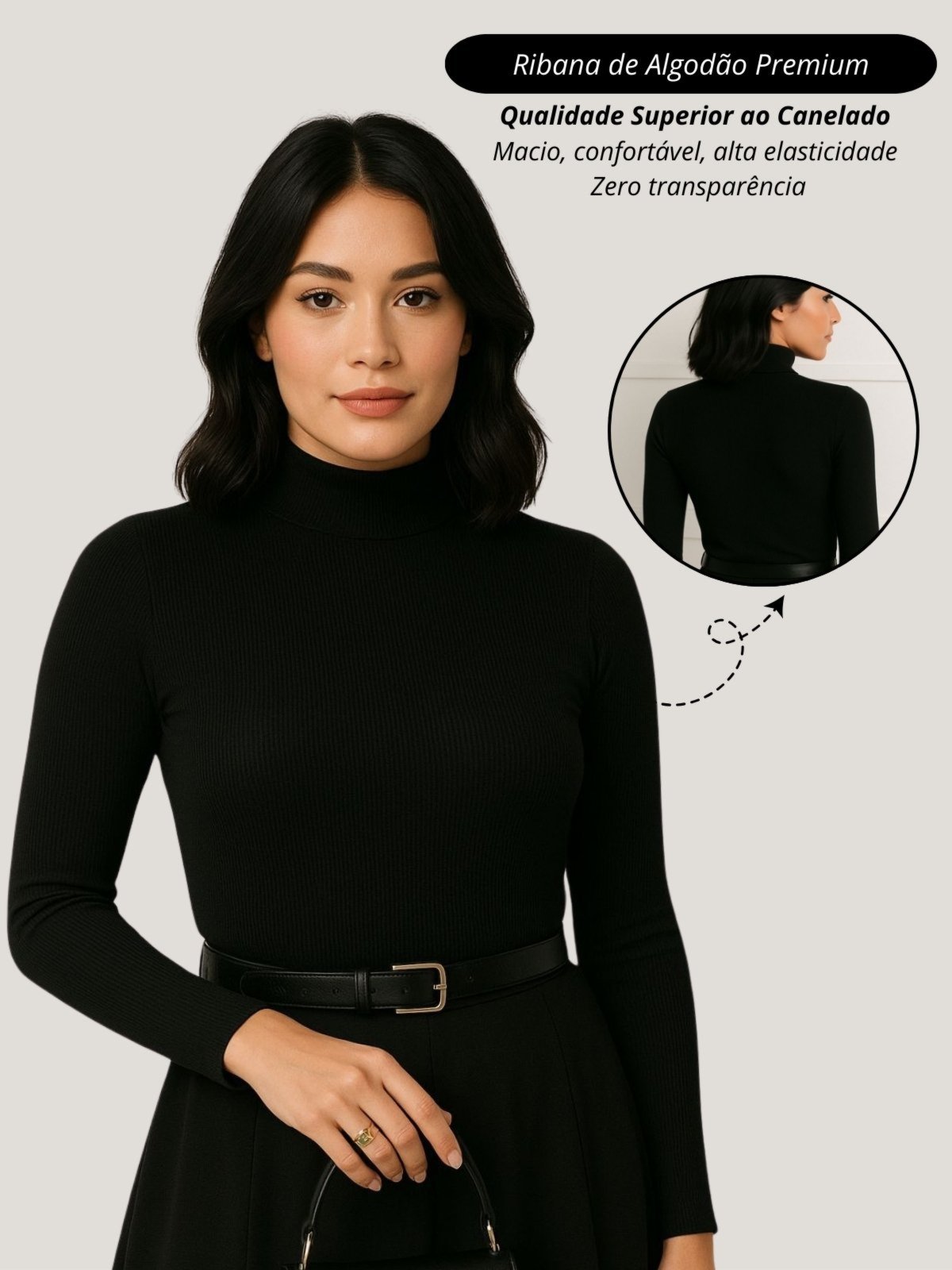 Blusa feminino cacharrel preto Garota Urbana Fashion Outono inverno casual diario basico ribana canelado algodão