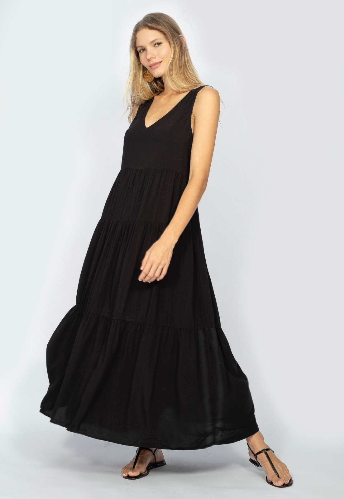 Vestido Regata Longo Peri Viscose Amazonia Vital Camadas Preto o
