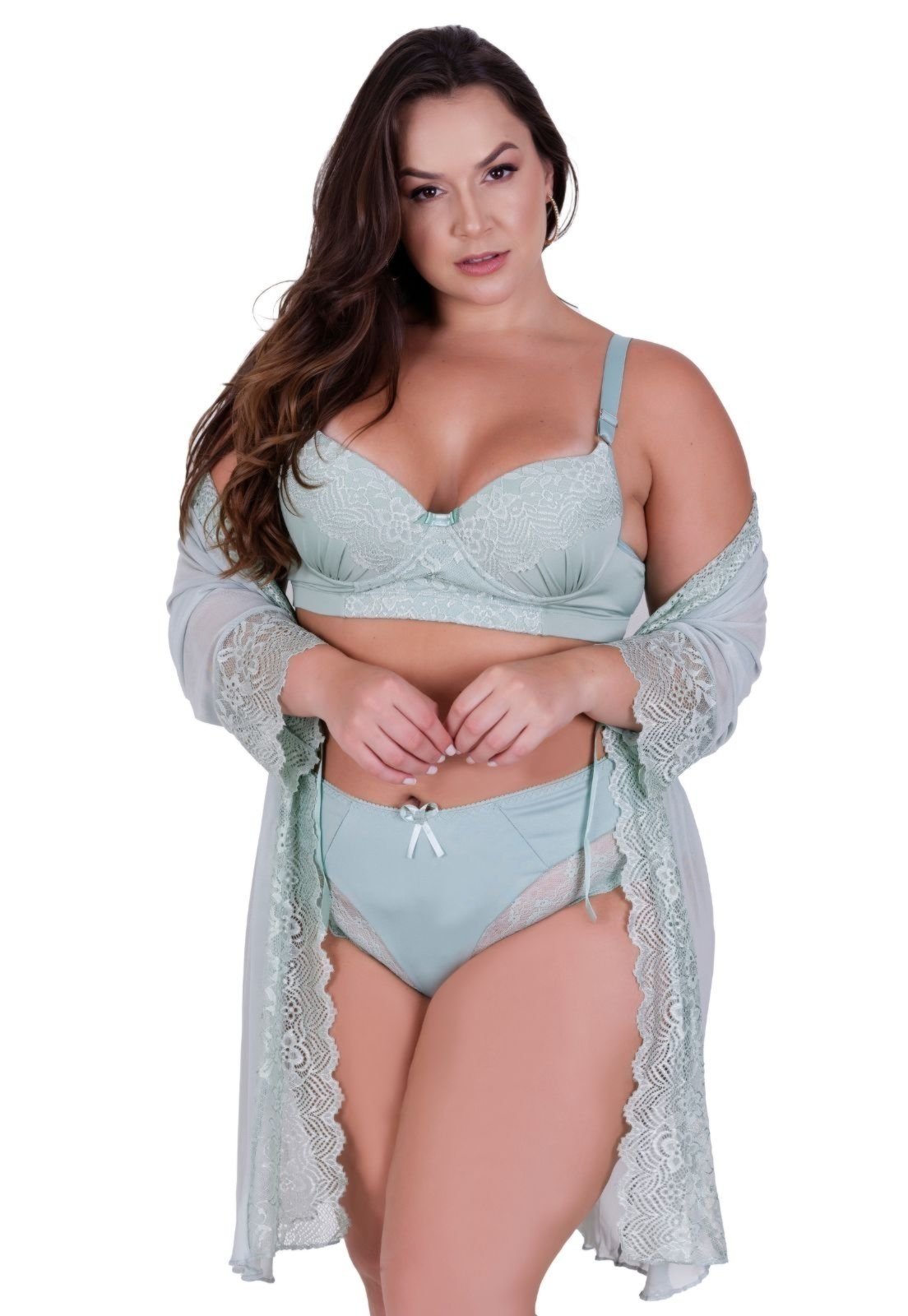 Robe Plus Size Hobby Detahe de Renda Adulto Feminino Terra e Mar Verde