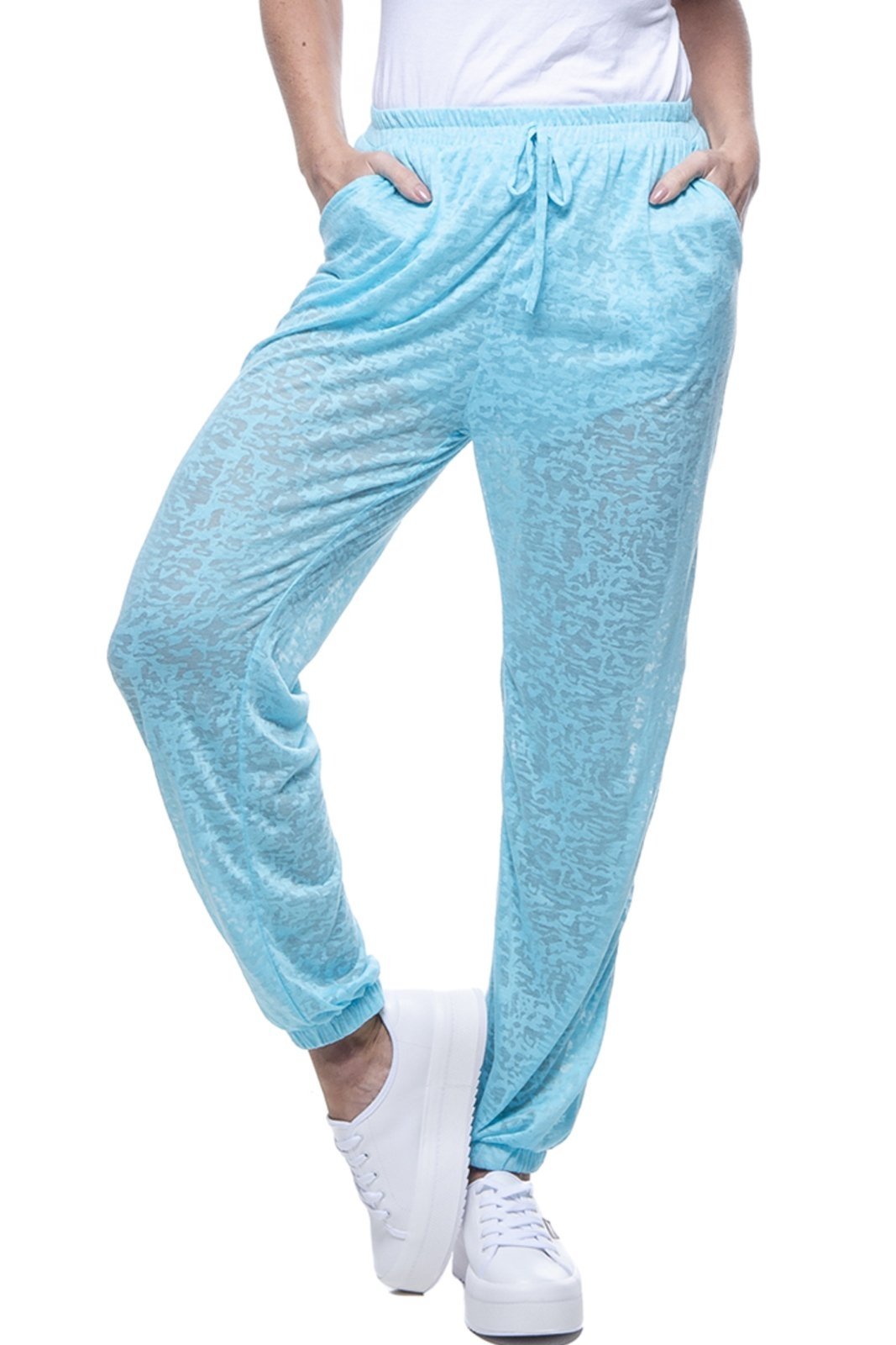 Calça Jogger Pijama Bolsos Cordao Malha Viscose Turquesa com Forro