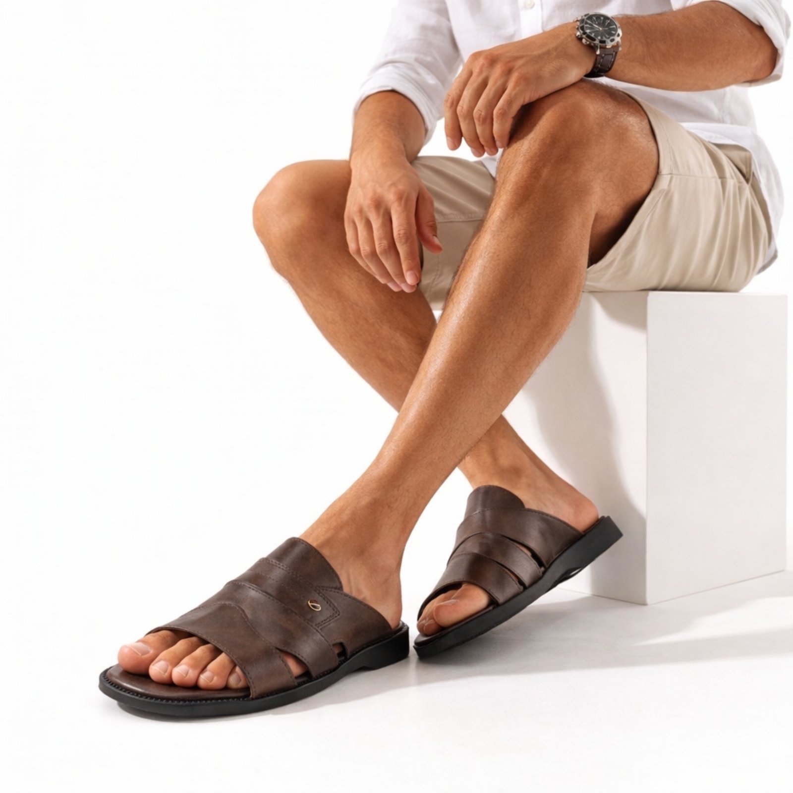 Chinelo Sandália Masculina em Couro Confortável Premium Café