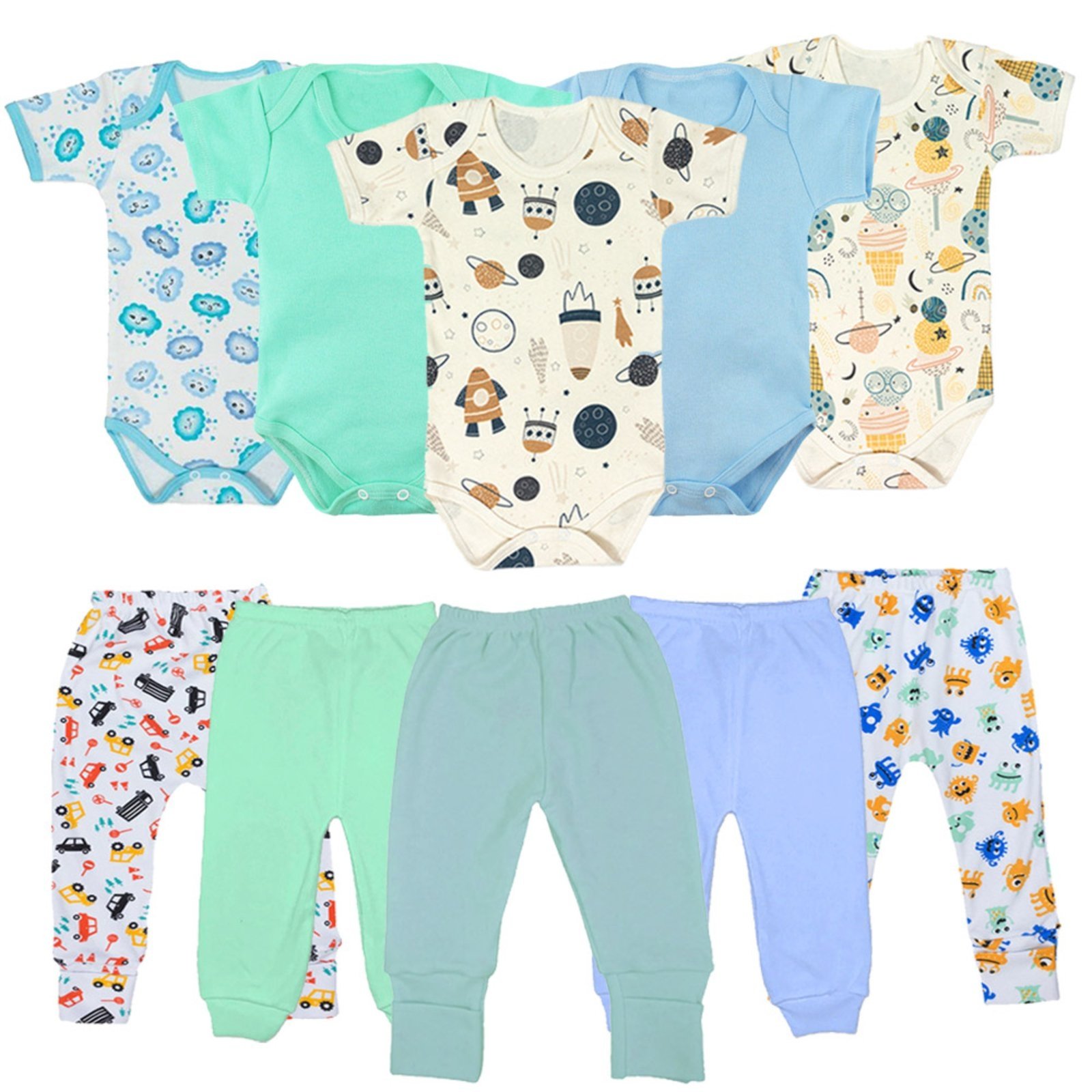 Infantil – Kit Roupinhas de 10 Peças Body e Mijão Liso e Estampado Azul