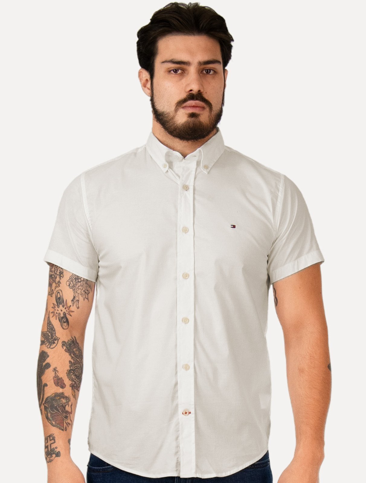 Camisa Tommy Hilfiger Masculina Manga Curta Regular Classic Poplin Branca