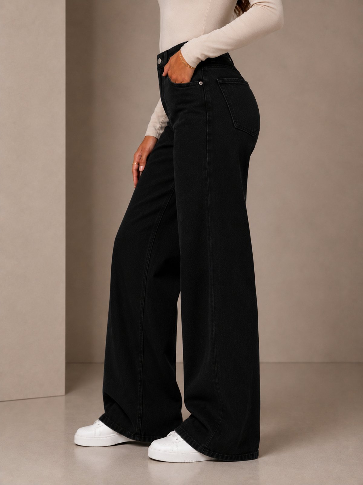 Calça Wide Leg Feminina MYS Jeans Preta Modelagem Premium