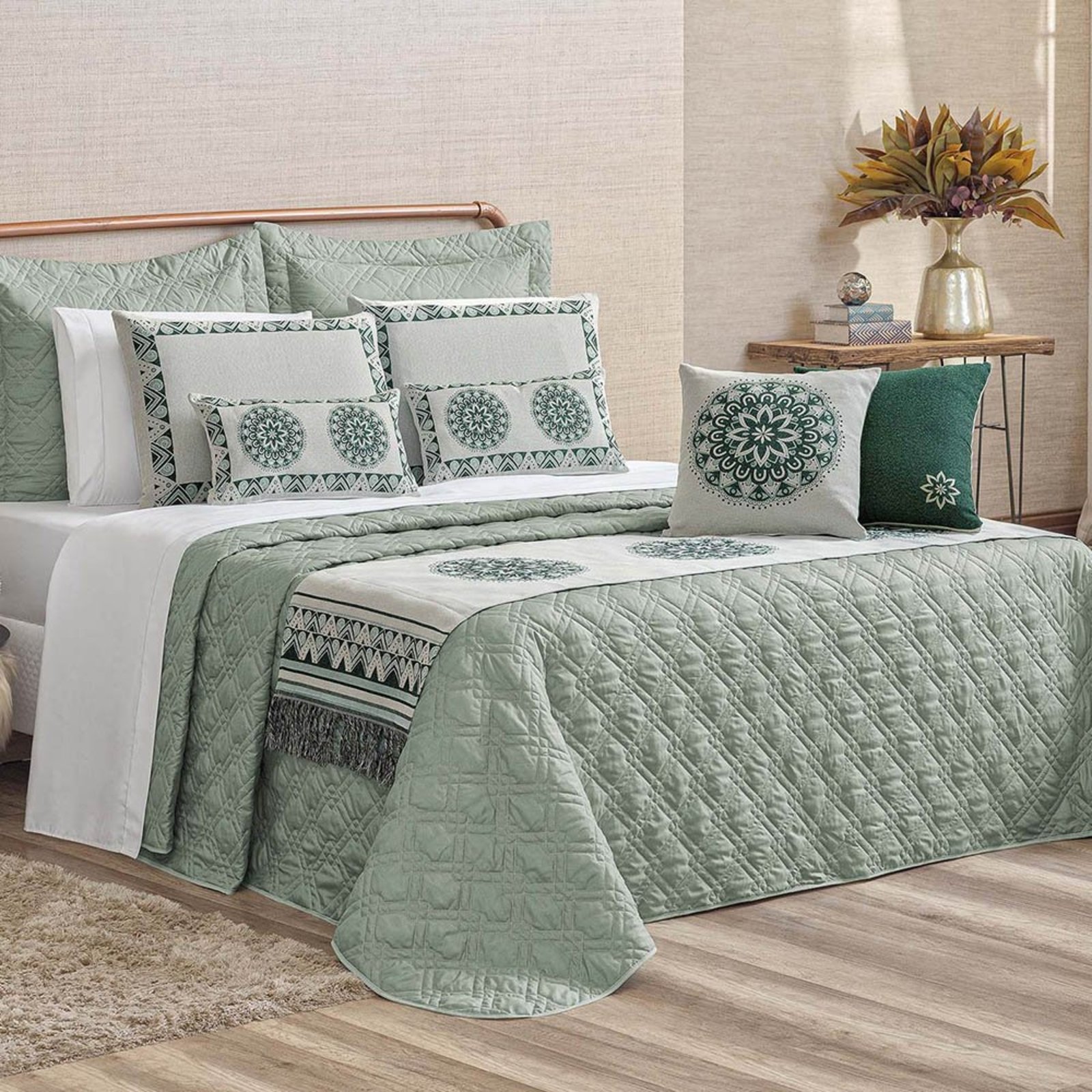 Cobre Leito Colcha Imperyal Queen 14 Peças Hipercal Dupla Face - Verde