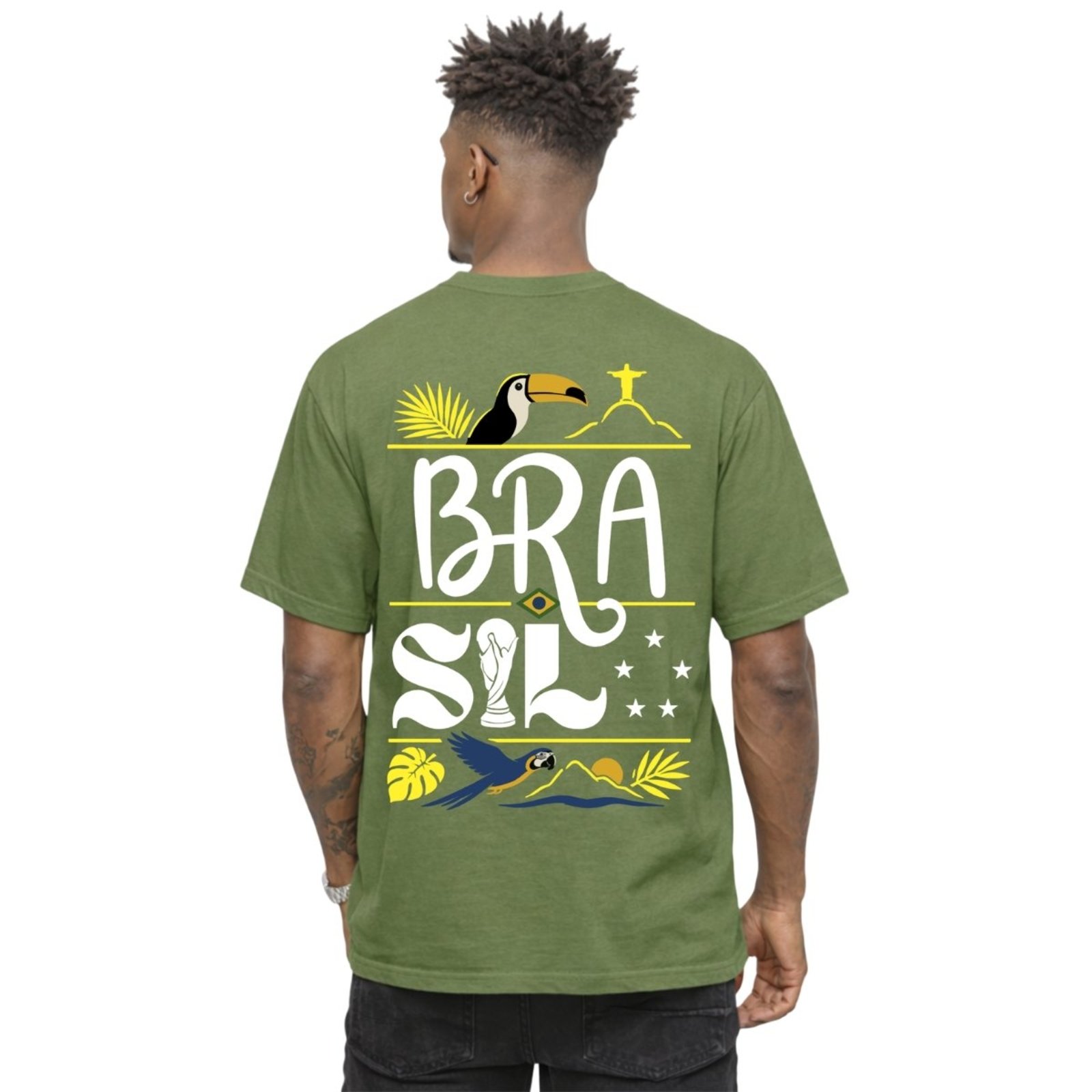 Camiseta Masculina Estampada Brasil Arara Verde 100% Algodão Gola Redonda Casual