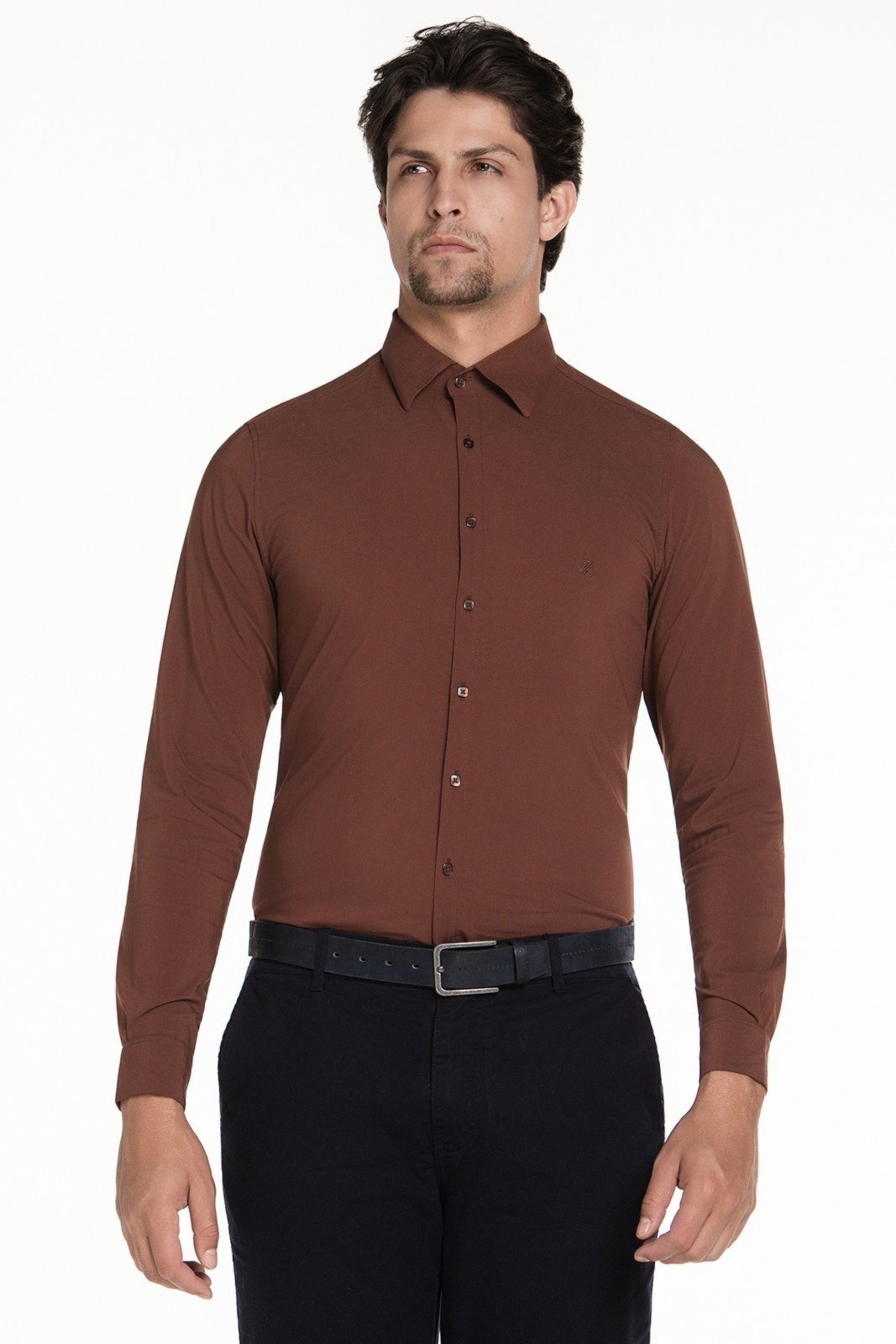 Camisa Manga Longa Fit Poplin Marrom - Zaiko