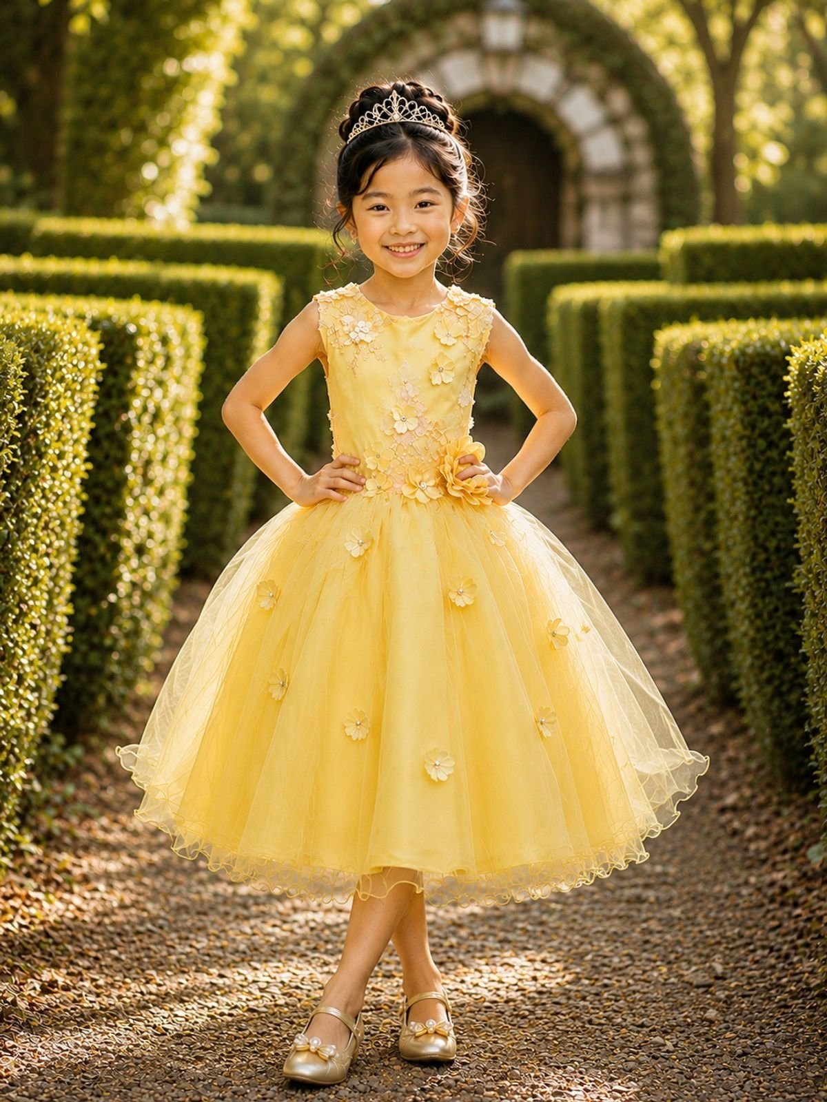 Infantil - Vestido Festa Amarelo Flores Formatura Florista Casamento Renda Dama Daminha Social Menina Juvenil Pérolas Princesa Rodado Aniversário Luxo