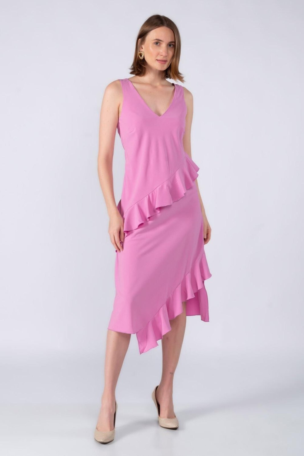 Vestido midi crepe com babados Roxo
