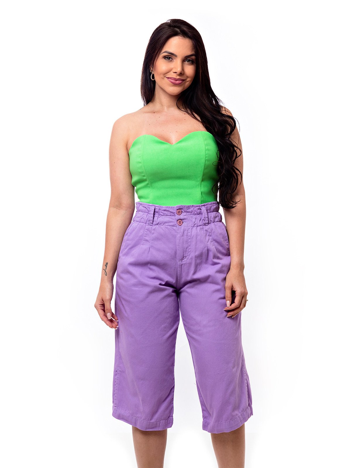 Bermuda Calça Pantacourt Restrito Jeans Cós Elástico - LILÁS
