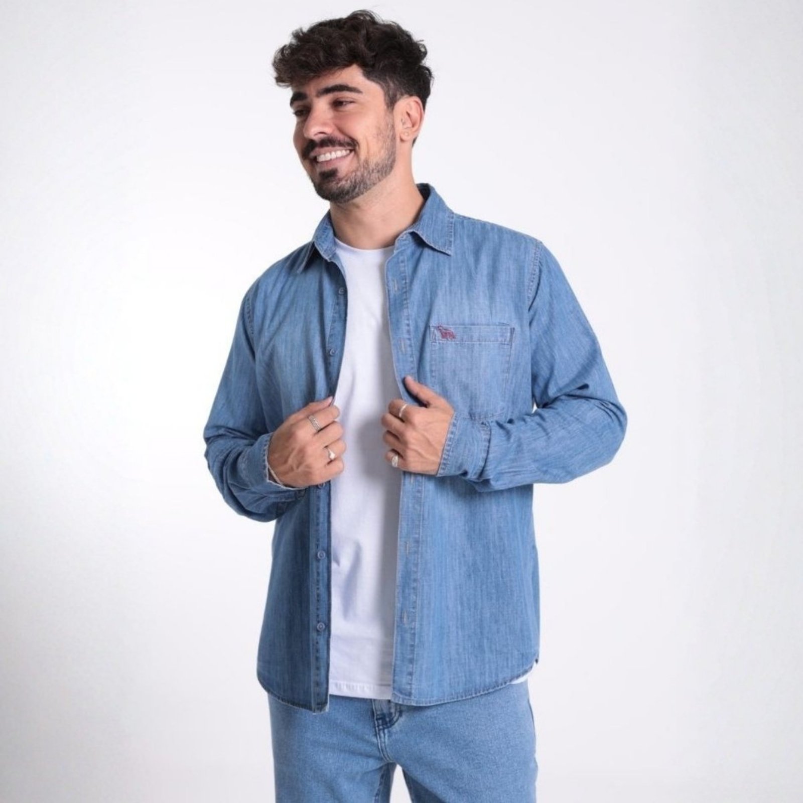 Camisa Jeans Bordada Com Bolso Masculino Revanche Cartago