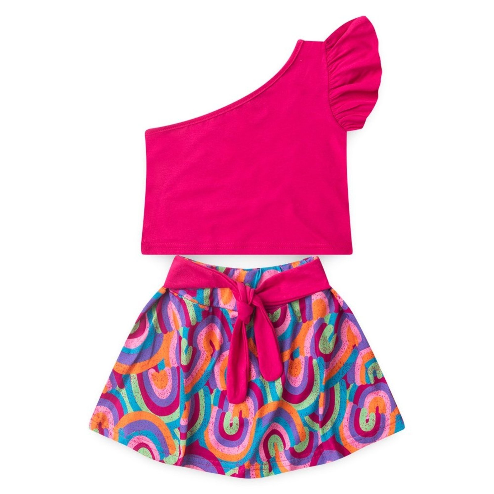 Vista 3 Infantil - Conjunto Verão Menina Pink Cropped um Ombro e Shorts Saia com Faixa Molekada rosa pink Molekada rosa pink