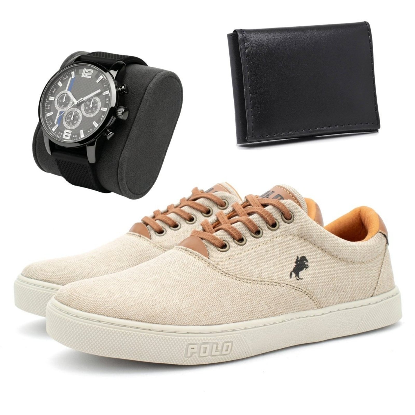 Sapatênis Masculino Casual Tênis Sneaker Polo White Casual + Relógio com Carteira Confortável Bege