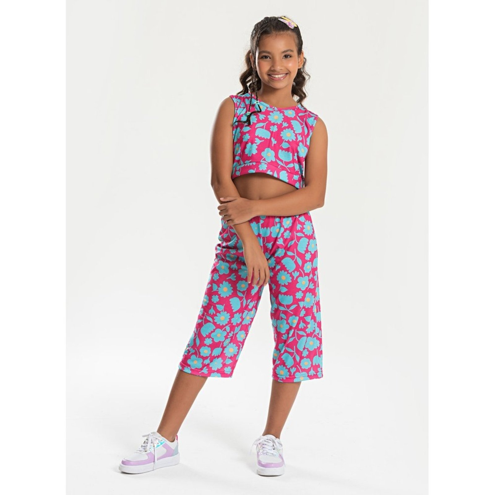 Infantil – Conjunto Verão Menina Pink Cropped Com Amarração nas Costas e Calça Pantacourt Flores