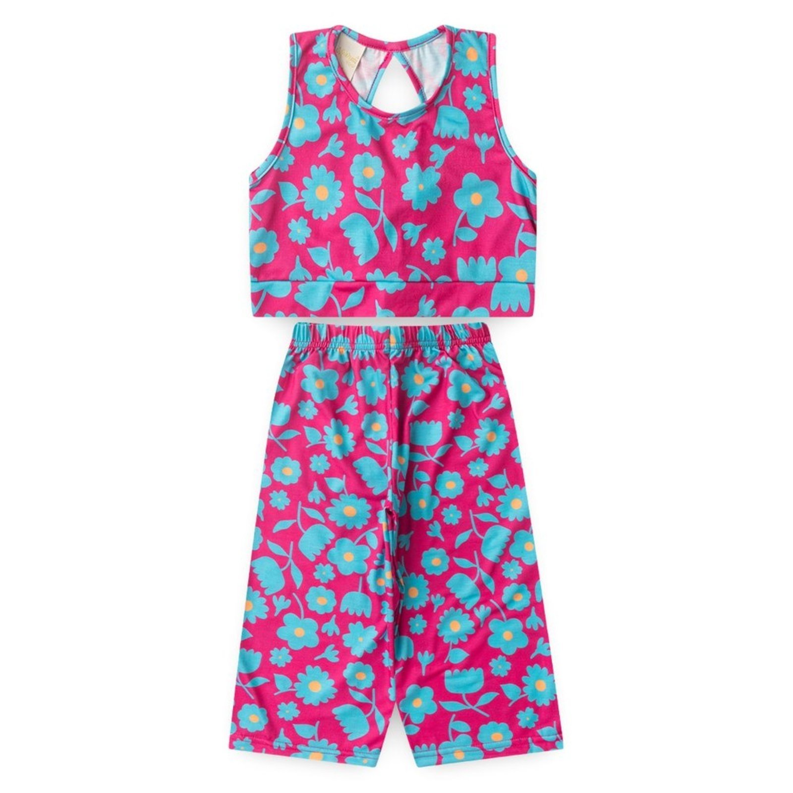 Vista 3 Infantil - Conjunto Verão Menina Pink Cropped Com Amarração nas Costas e Calça Pantacourt Flores Molekada rosa pink Molekada rosa pink