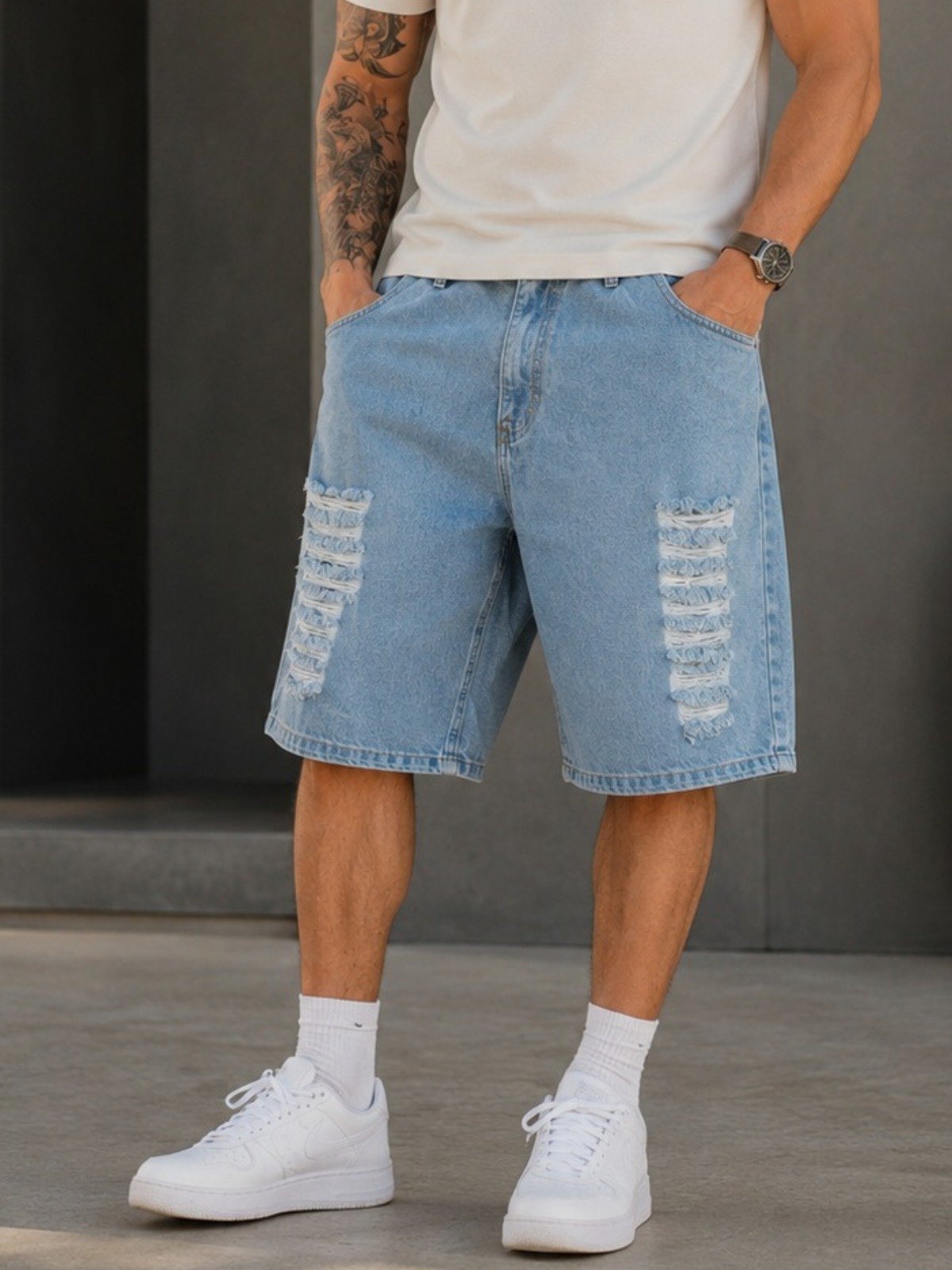 Bermuda Balão Jeans Destroyed Masculina Alpha Street Wear Casual Confortável Básica Delave