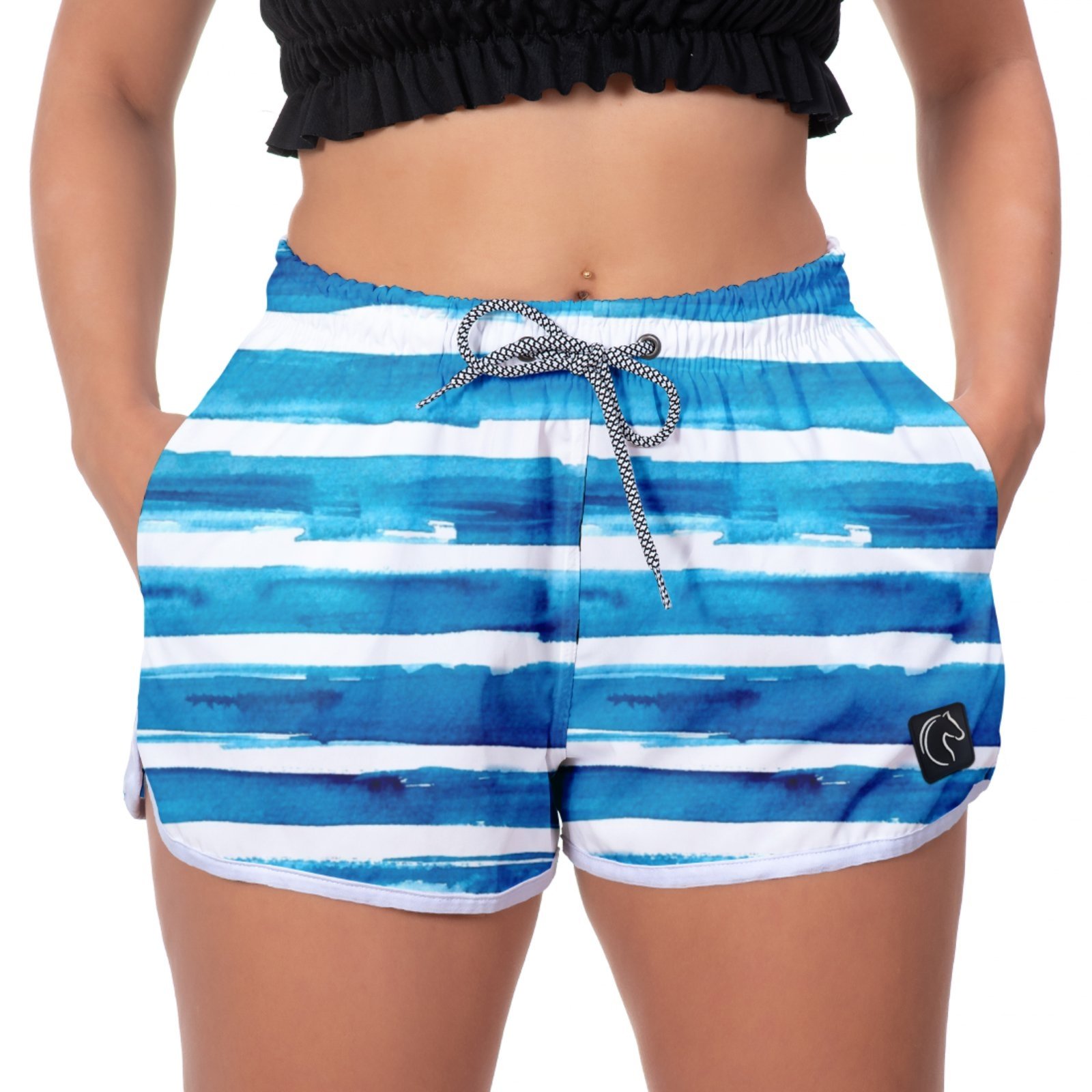 Short Feminino W2 Premium com Elástico e Cordão Ajustável Bolsos Laterais e Secagem Rápida Casual Praia ou Academia Pattern Azul e Branco