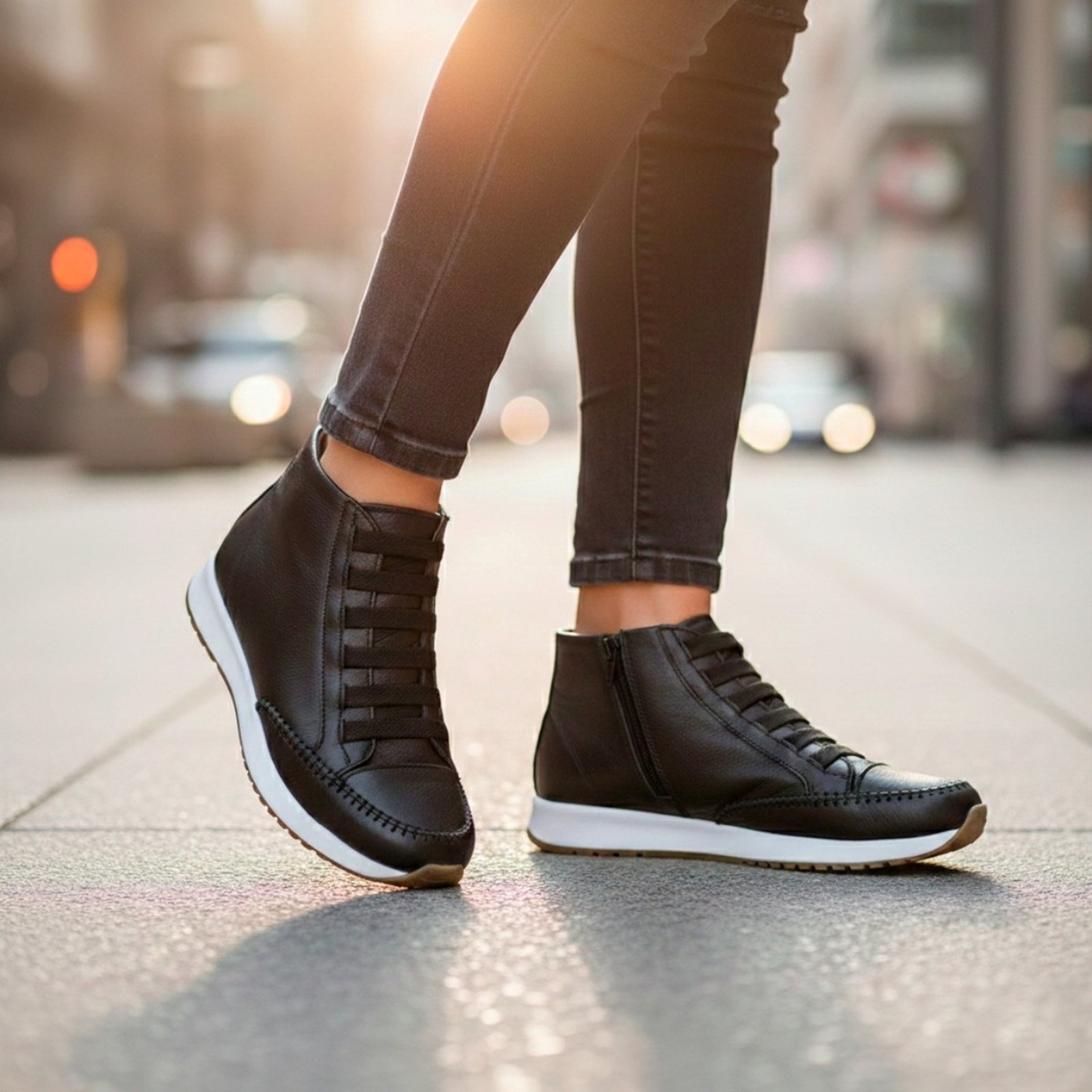 Vista 2 Botrinha Estilo Tênis Feminino Jogger Calce Facil Em Couro Legítimo Footworks preto Footworks preto