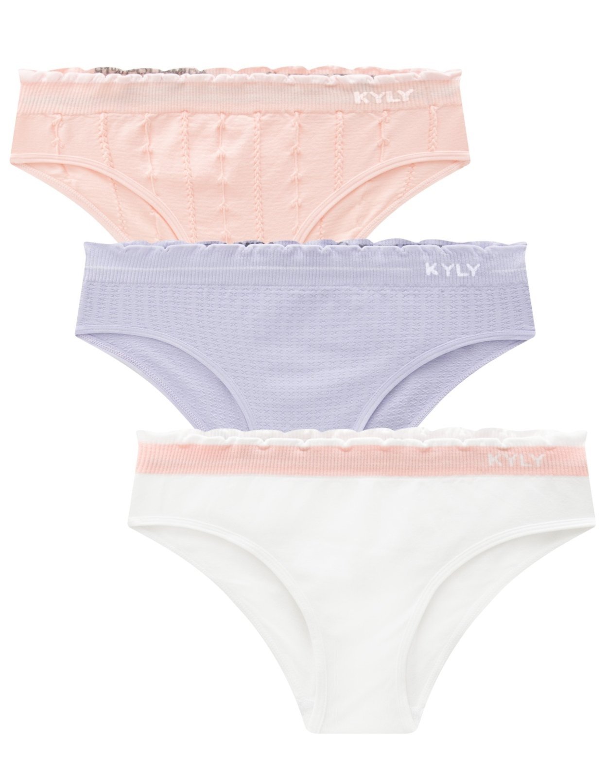Vista 2 Kit 3pçs Calcinha Menina Kyly Lisa Rosa Branca Lilas branco/lilás/rosa rosa Kyly branco/lilás/rosa rosa