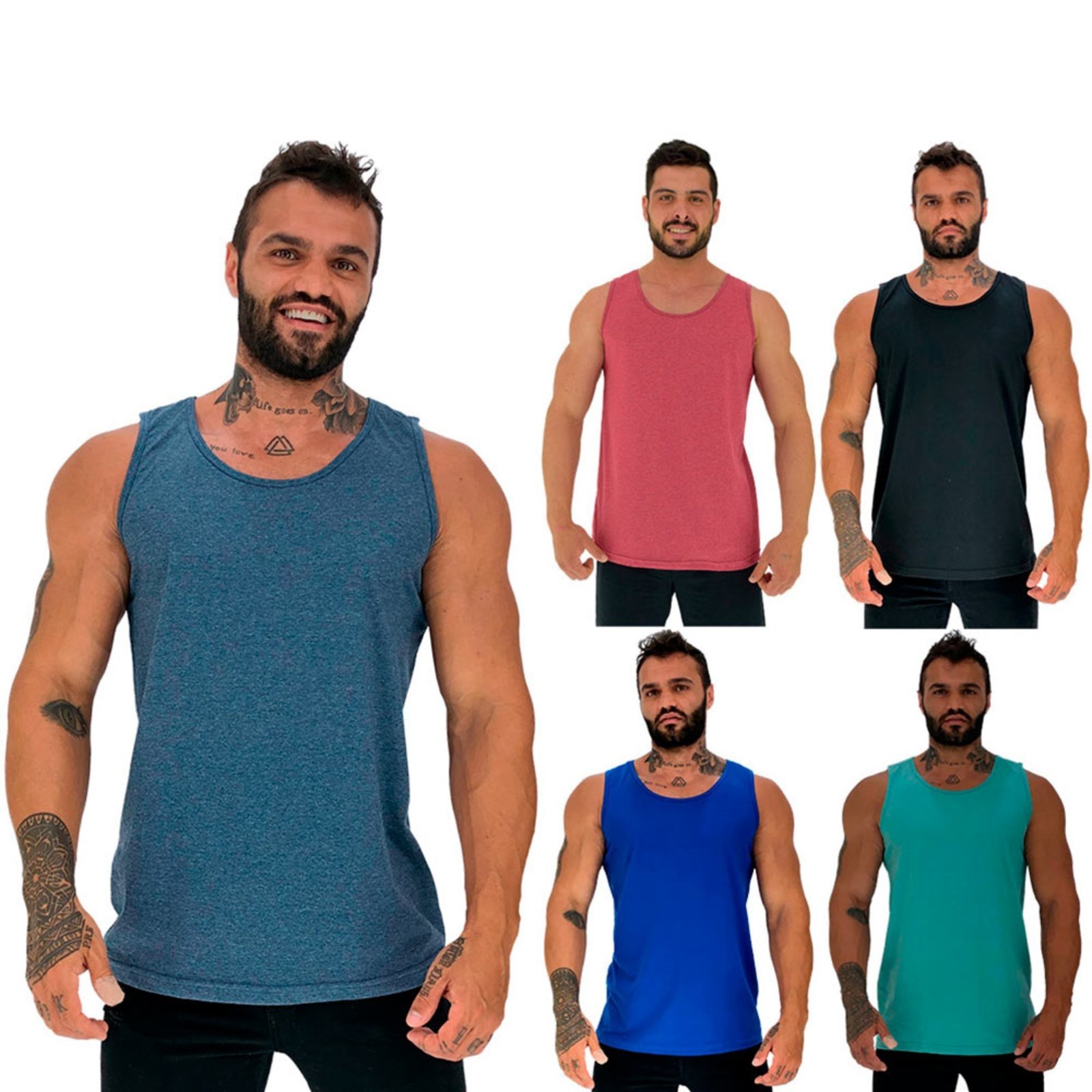 Kit 5 Regata Clássica Masculina Alto Conceito Slim Mescla Marinho, Mescla Vermelho, Preto, Azul e Verde