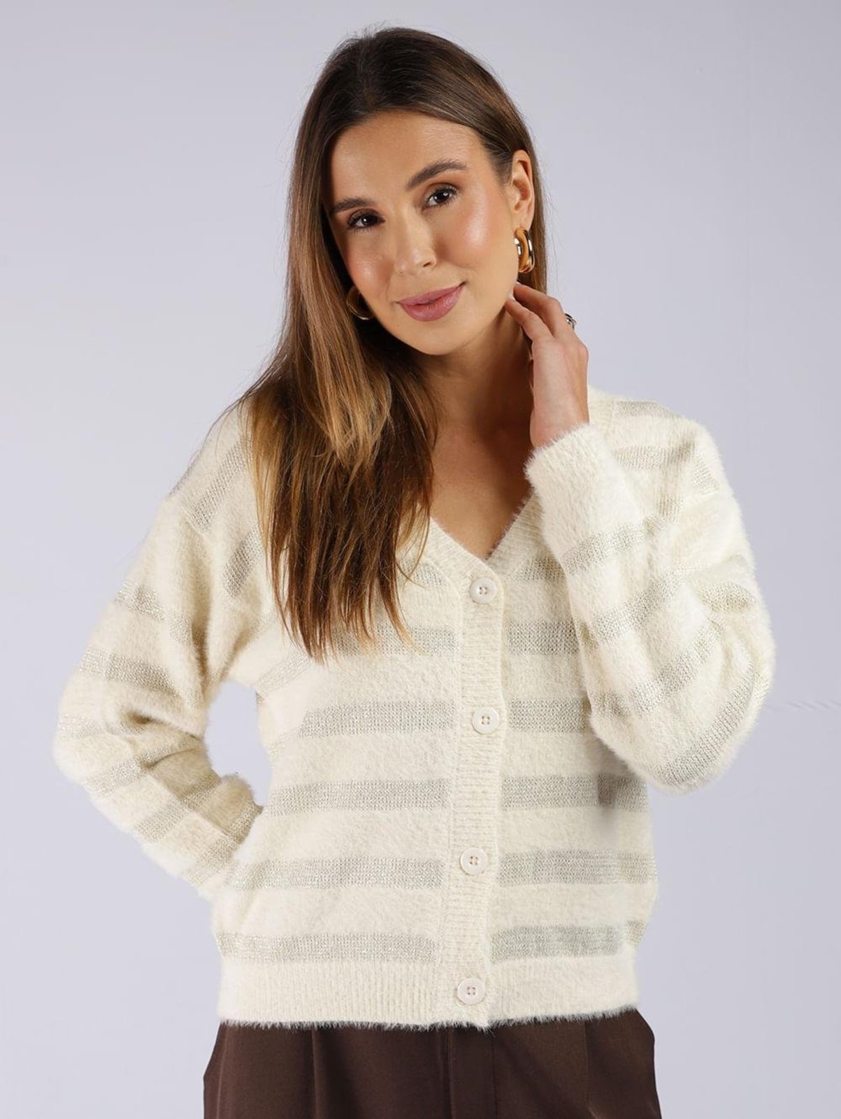 Casaco Pelo Listrado Lurex Autentique Feminino OFF WHITE